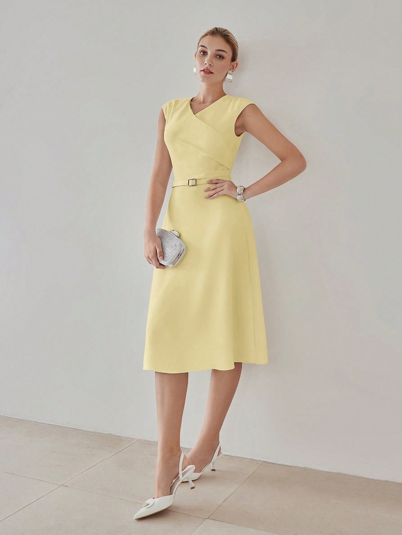 CM-DS170813 Women Elegant Seoul Style V-Neck Cap Sleeve Fold Pleated Belted Midi Dress - Yellow