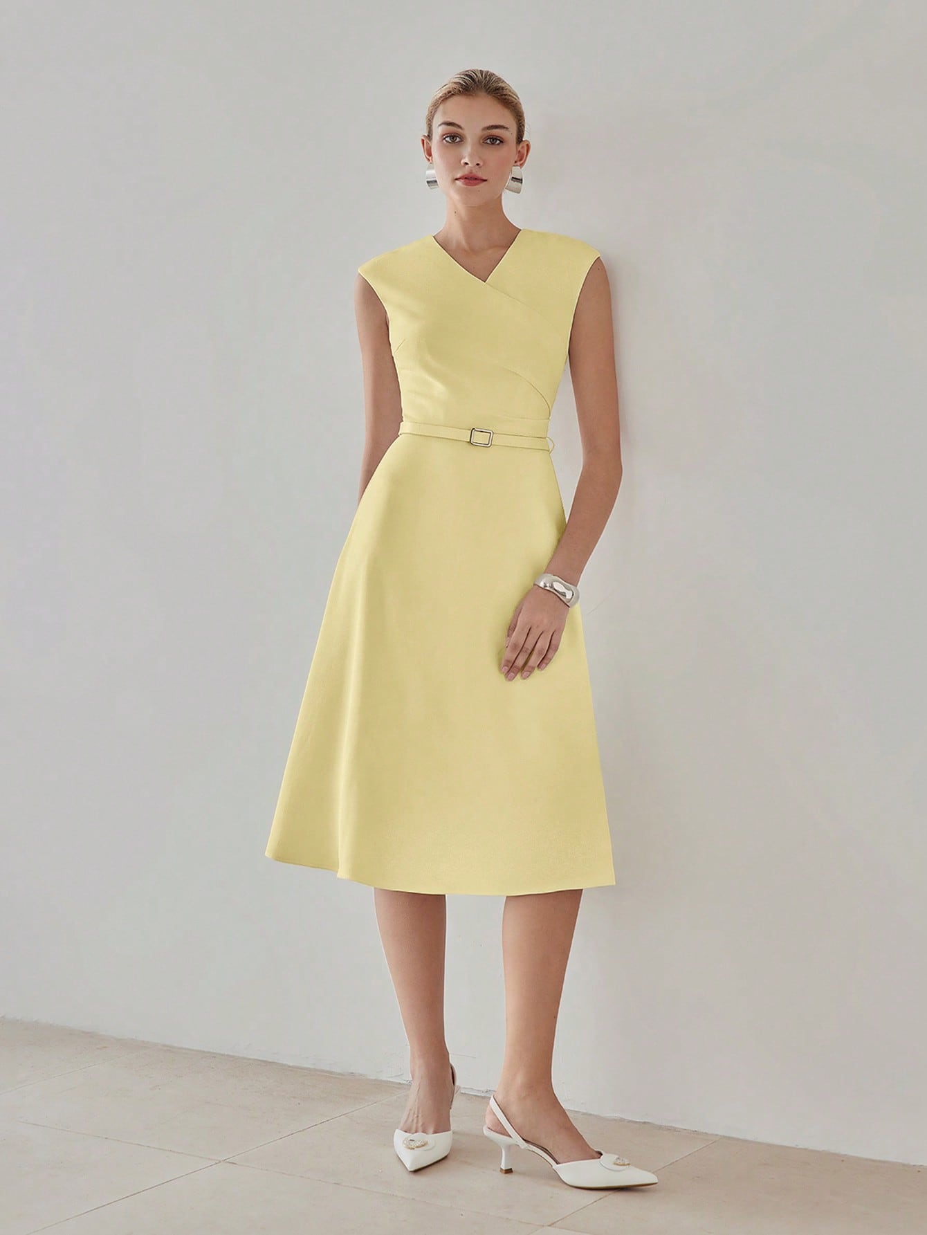 CM-DS170813 Women Elegant Seoul Style V-Neck Cap Sleeve Fold Pleated Belted Midi Dress - Yellow