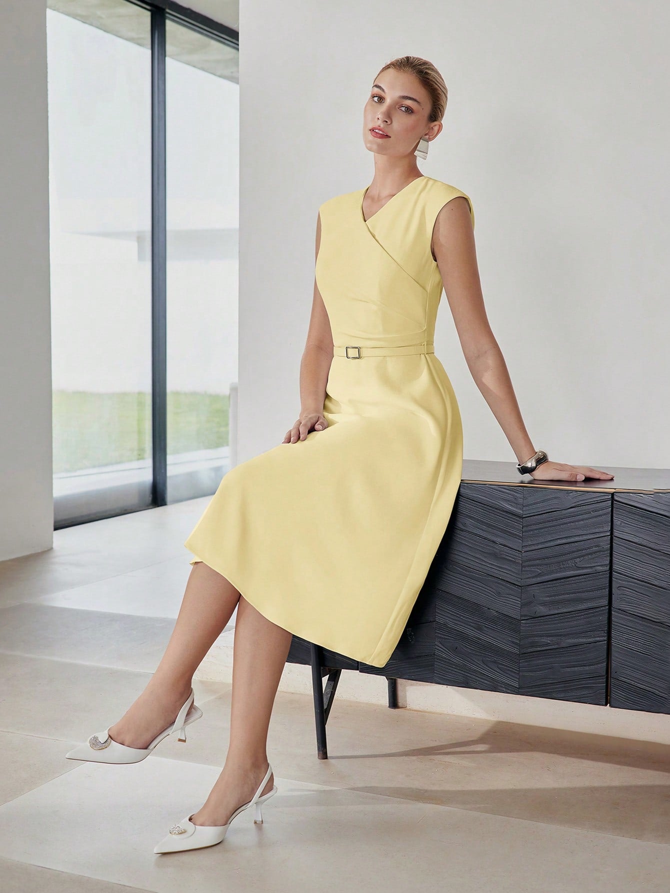 CM-DS170813 Women Elegant Seoul Style V-Neck Cap Sleeve Fold Pleated Belted Midi Dress - Yellow