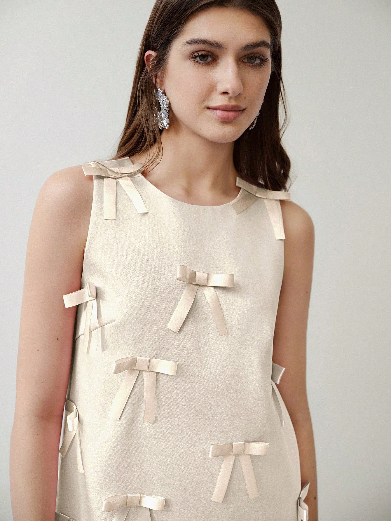 CM-DS915119 Women Elegant Seoul Style Round Neck Sleeveless Bow Decor Short Dress - Champagne