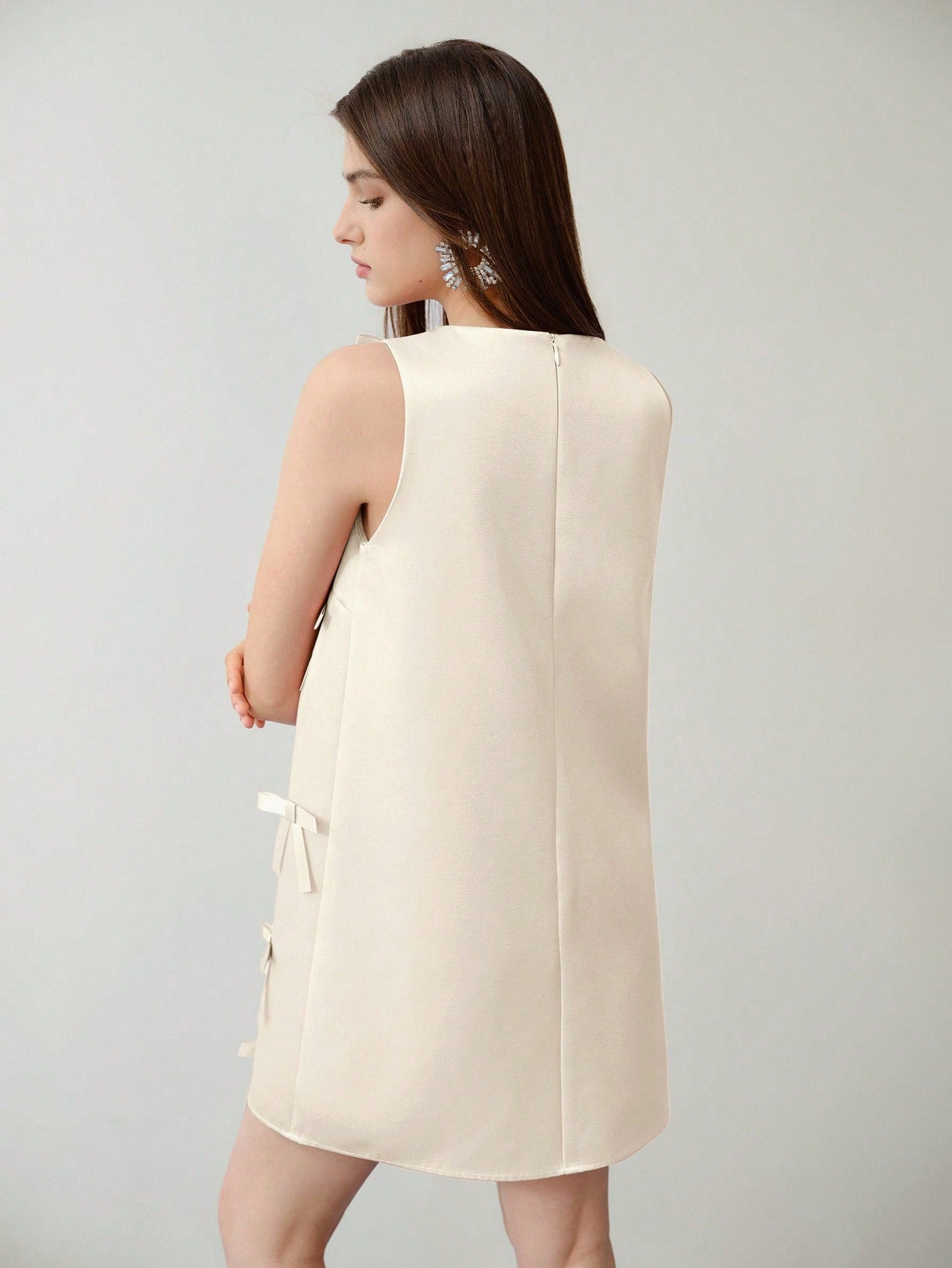 CM-DS915119 Women Elegant Seoul Style Round Neck Sleeveless Bow Decor Short Dress - Champagne