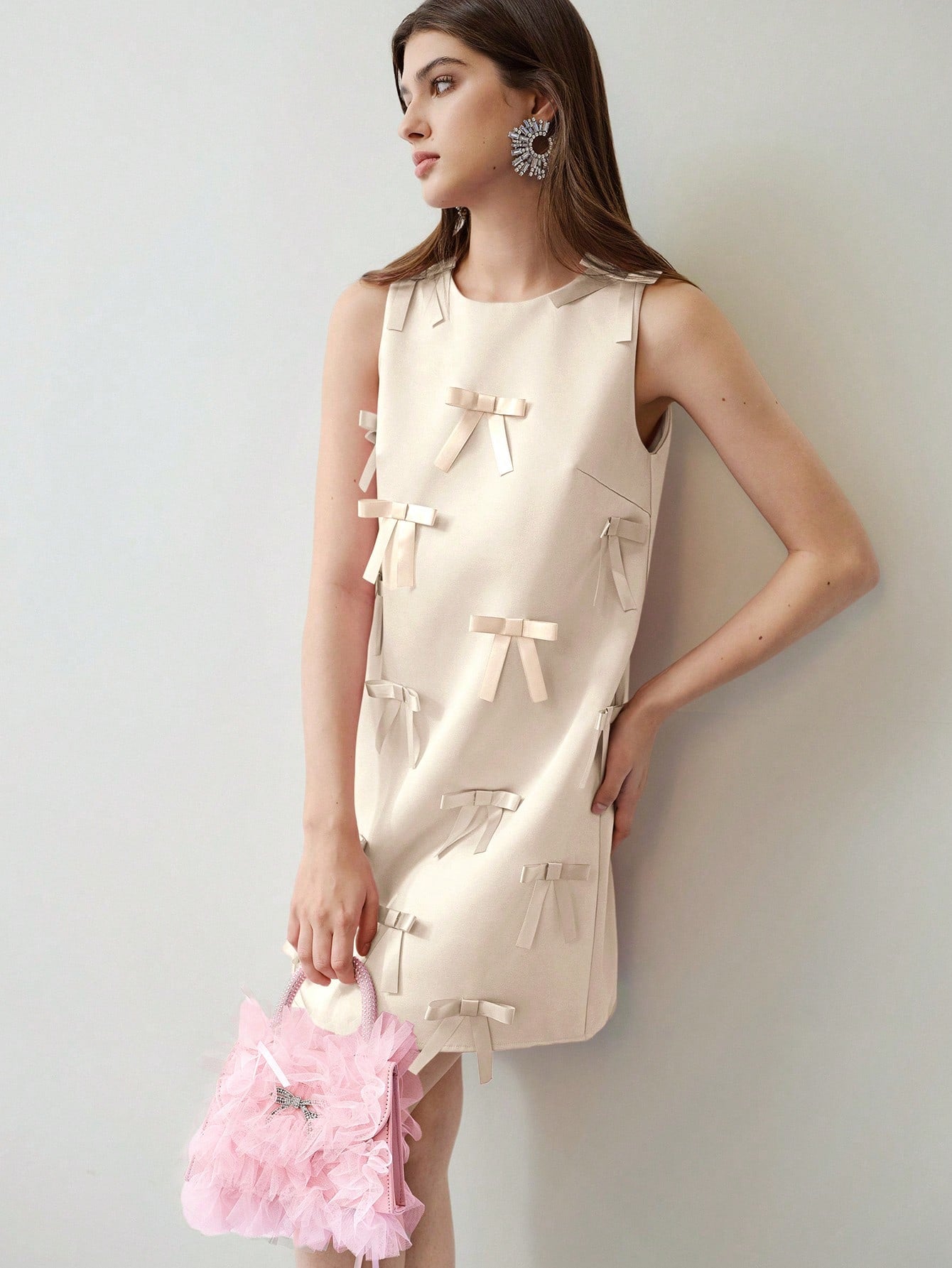 CM-DS915119 Women Elegant Seoul Style Round Neck Sleeveless Bow Decor Short Dress - Champagne