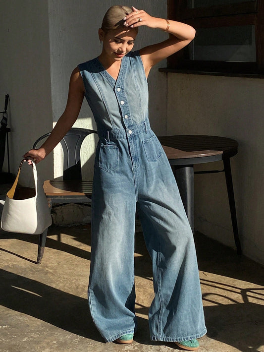 CM-JS840173 Women Casual Seoul Style V-Neck Sleeveless Distressed Pocket Denim Overall Jumpsuit - Blue