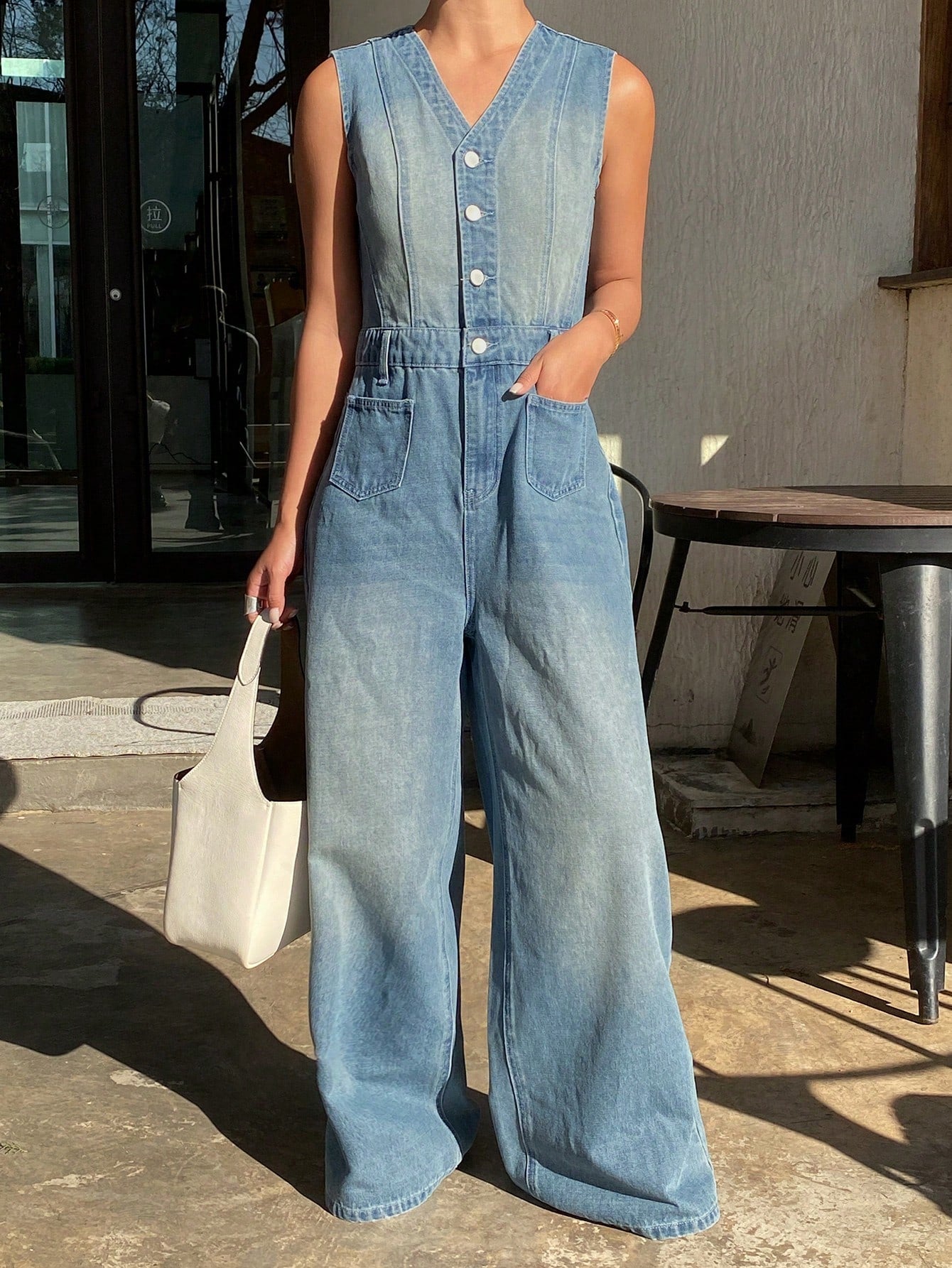 CM-JS840173 Women Casual Seoul Style V-Neck Sleeveless Distressed Pocket Denim Overall Jumpsuit - Blue