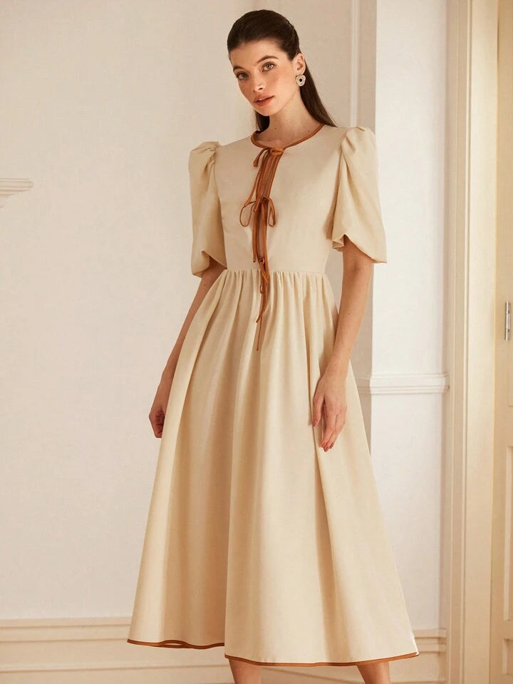 CM-DS389922 Women Casual Seoul Style Bowknot Backless Short Sleeve Cinched Waist A-Line Dress