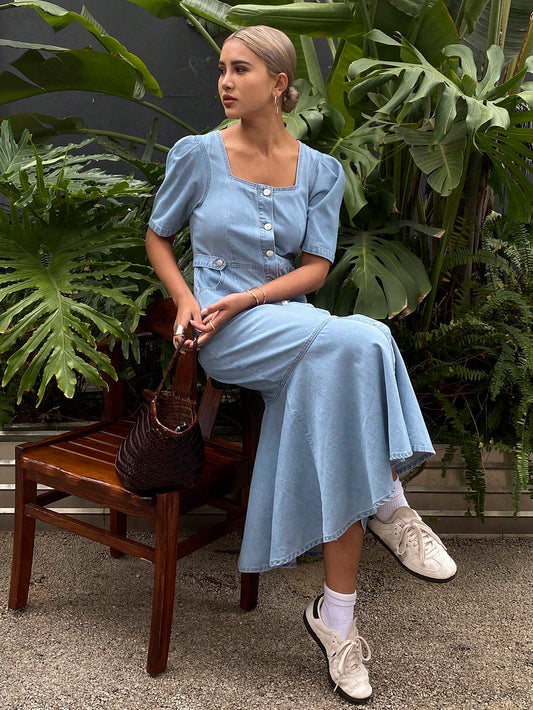 CM-DS523358 Women Casual Seoul Style Square Neck Puff Sleeve Mermaid Denim Dress - Blue