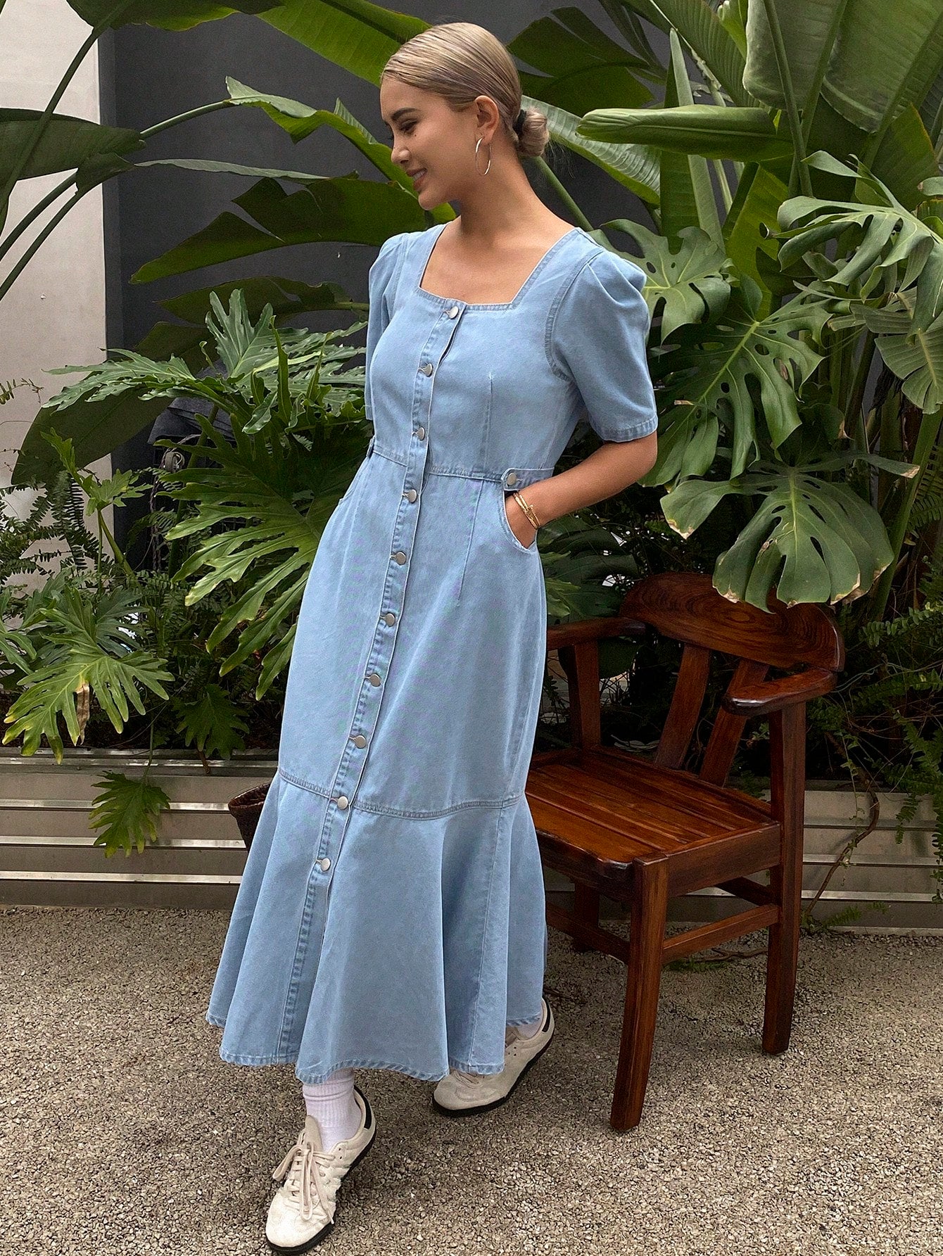CM-DS523358 Women Casual Seoul Style Square Neck Puff Sleeve Mermaid Denim Dress - Blue