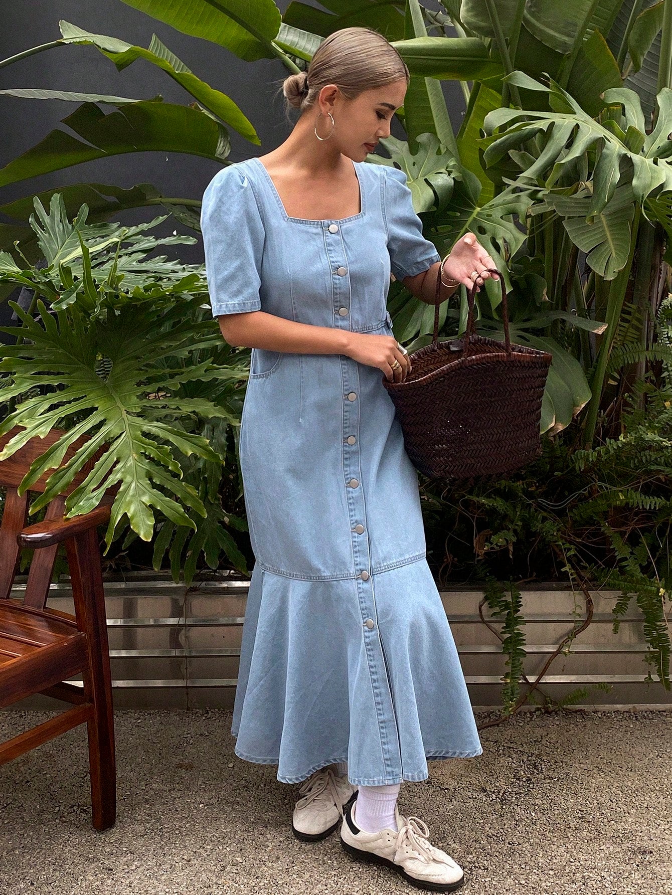 CM-DS523358 Women Casual Seoul Style Square Neck Puff Sleeve Mermaid Denim Dress - Blue