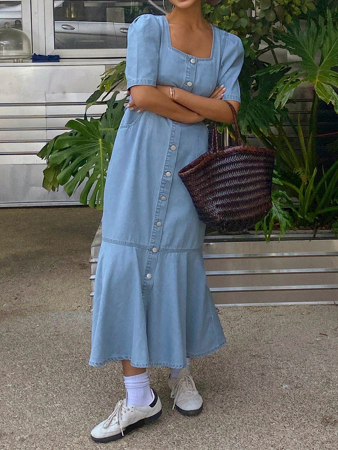 CM-DS523358 Women Casual Seoul Style Square Neck Puff Sleeve Mermaid Denim Dress - Blue