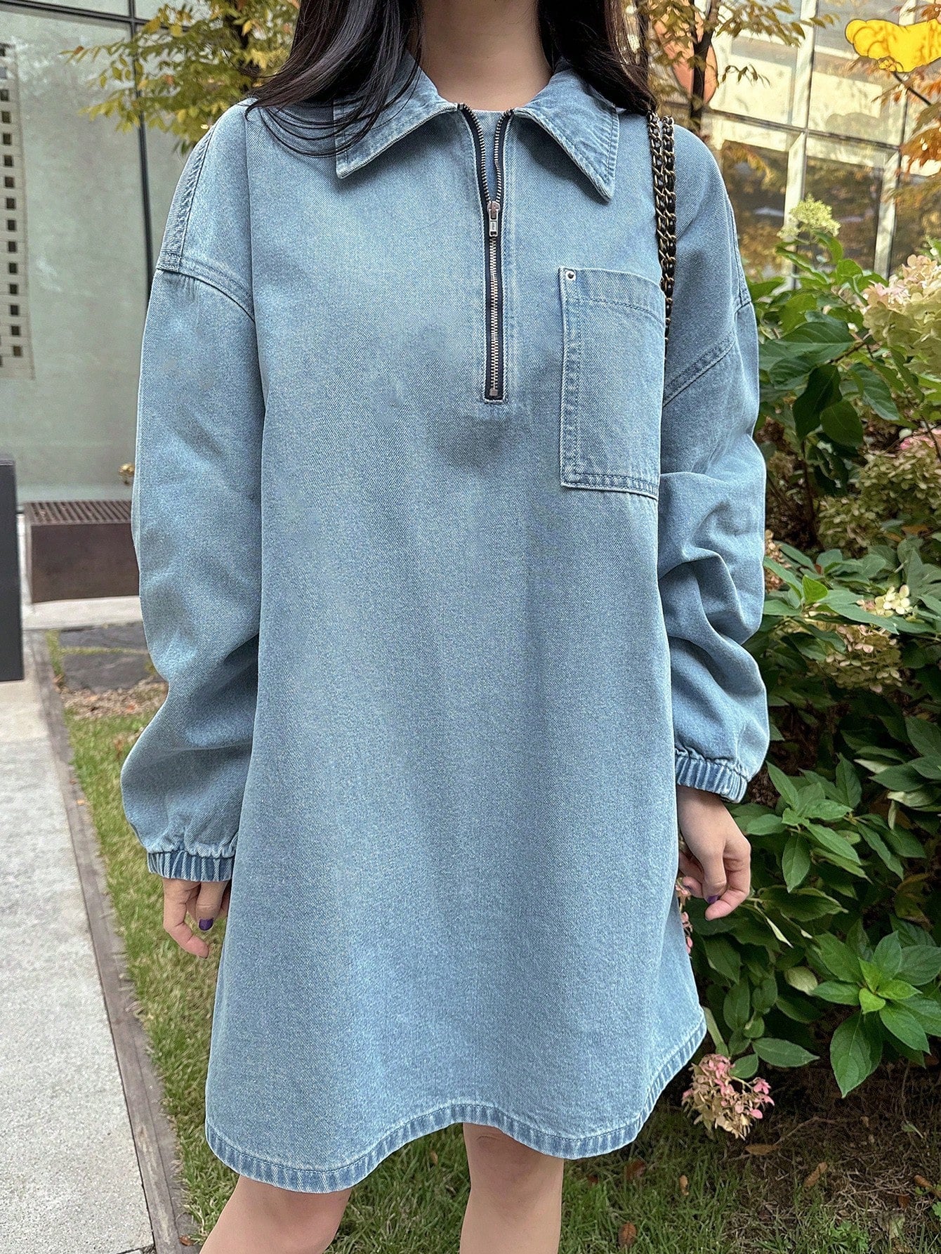 CM-DS522488 Women Casual Seoul Style Long Sleeve Zip-Up Half Placket Loose Straight Denim Dress - Blue
