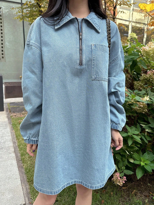 CM-DS522488 Women Casual Seoul Style Long Sleeve Zip-Up Half Placket Loose Straight Denim Dress - Blue