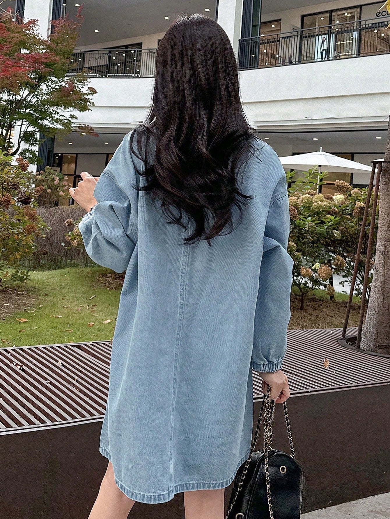 CM-DS522488 Women Casual Seoul Style Long Sleeve Zip-Up Half Placket Loose Straight Denim Dress - Blue