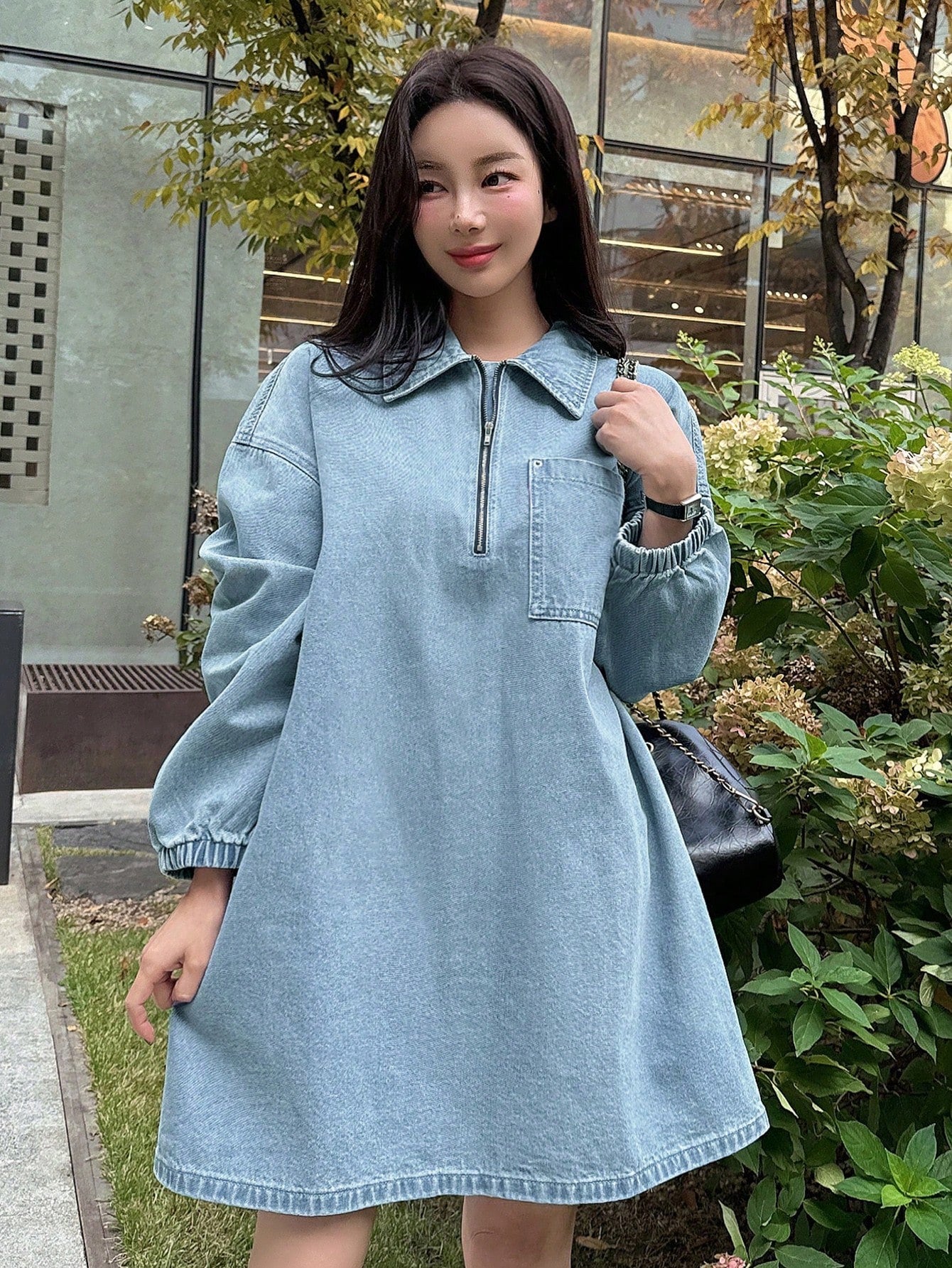 CM-DS522488 Women Casual Seoul Style Long Sleeve Zip-Up Half Placket Loose Straight Denim Dress - Blue