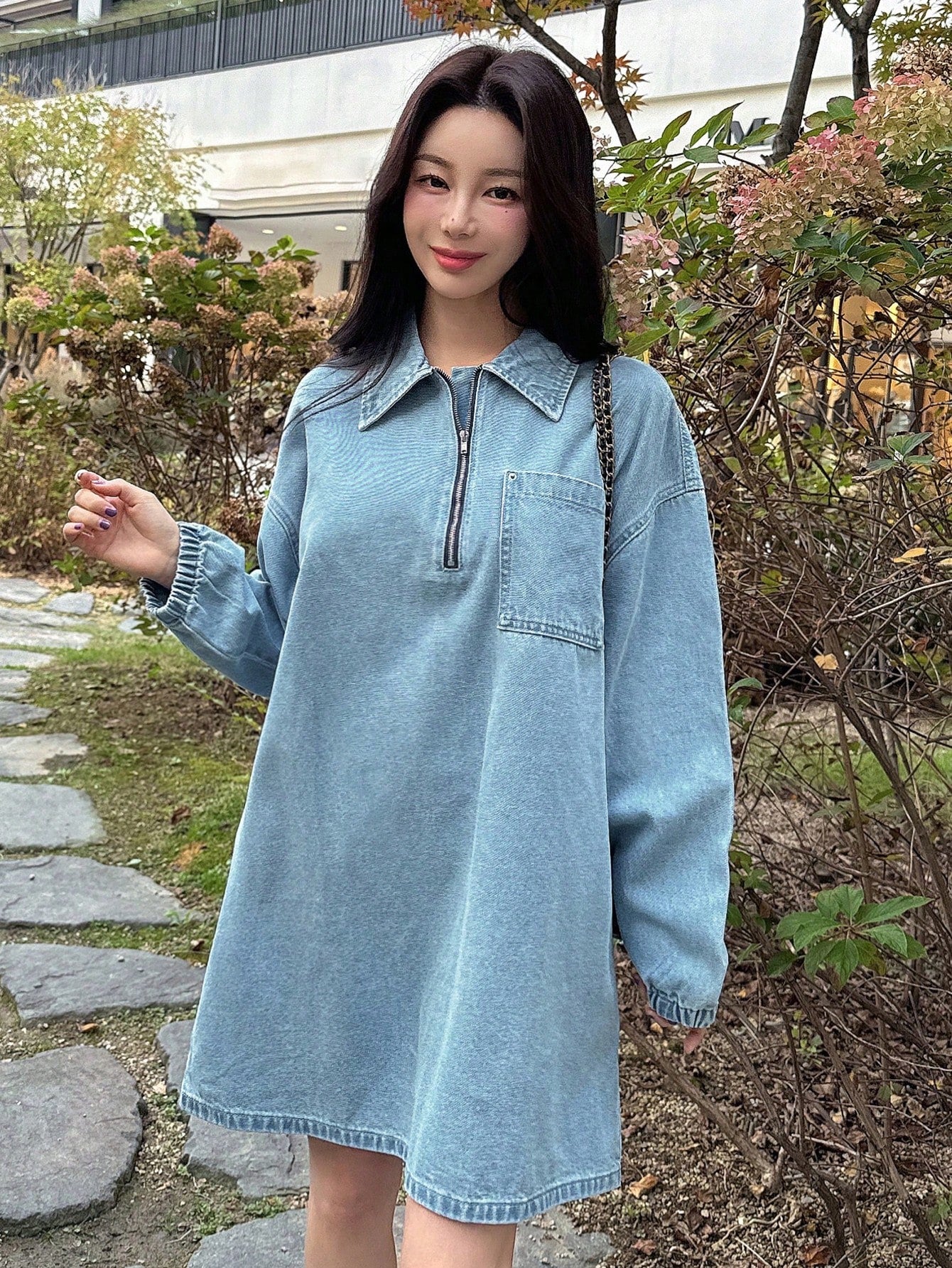 CM-DS522488 Women Casual Seoul Style Long Sleeve Zip-Up Half Placket Loose Straight Denim Dress - Blue