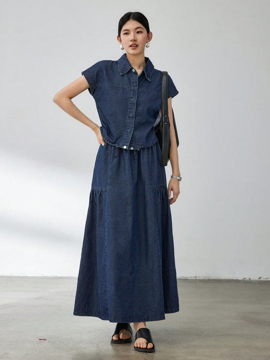 CM-SS320012 Women Casual Seoul Style Dark Wash Collar Neckline Short Sleeve Drawstring Top With A-Line Denim Skirt - Set