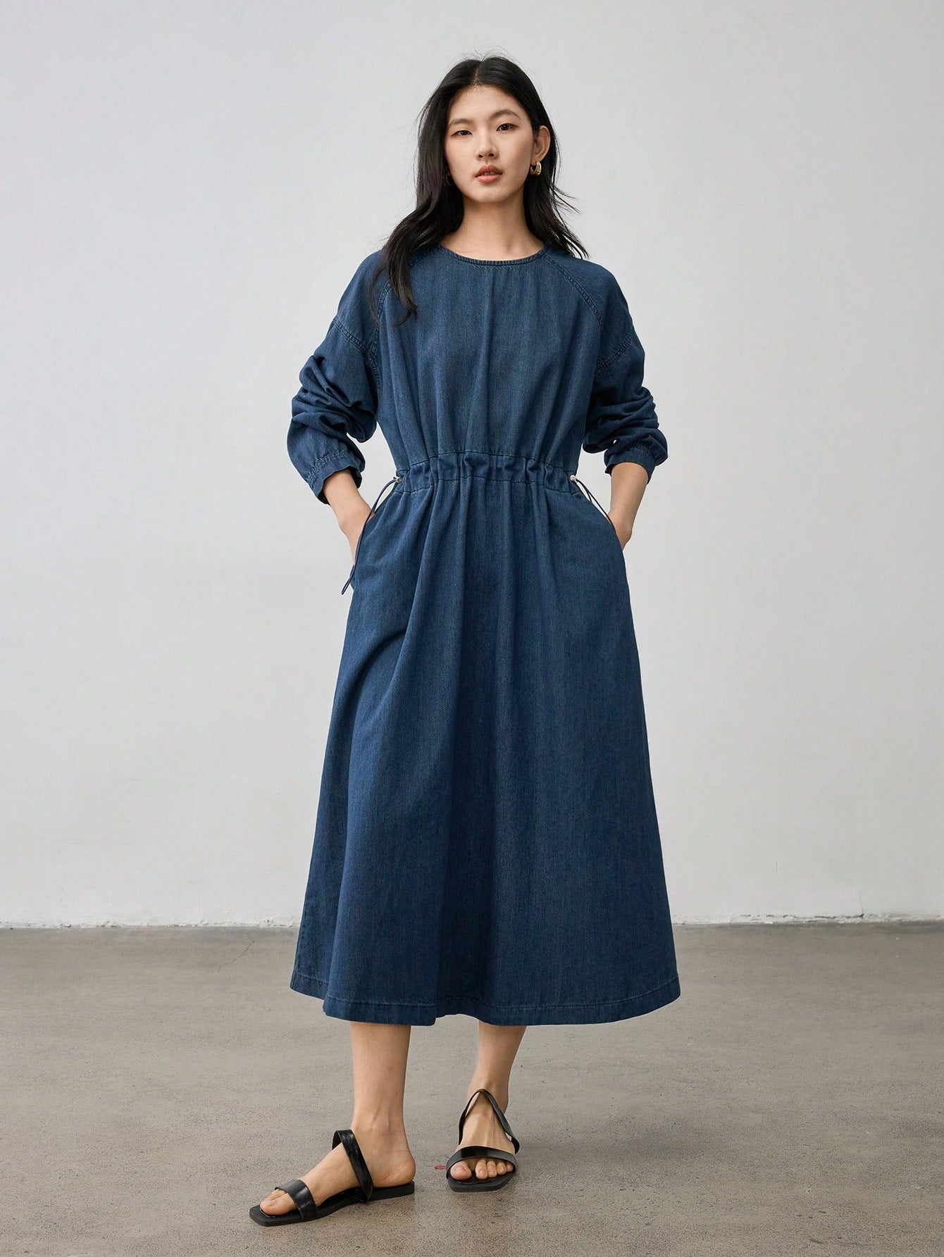 CM-DS014515 Women Casual Seoul Style Round Neck Drawstring Washed Long Sleeve Denim Dress - Blue