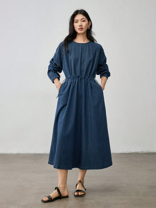 CM-DS014515 Women Casual Seoul Style Round Neck Drawstring Washed Long Sleeve Denim Dress - Blue