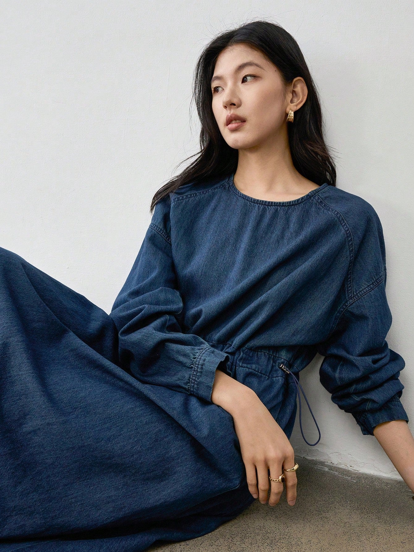 CM-DS014515 Women Casual Seoul Style Round Neck Drawstring Washed Long Sleeve Denim Dress - Blue