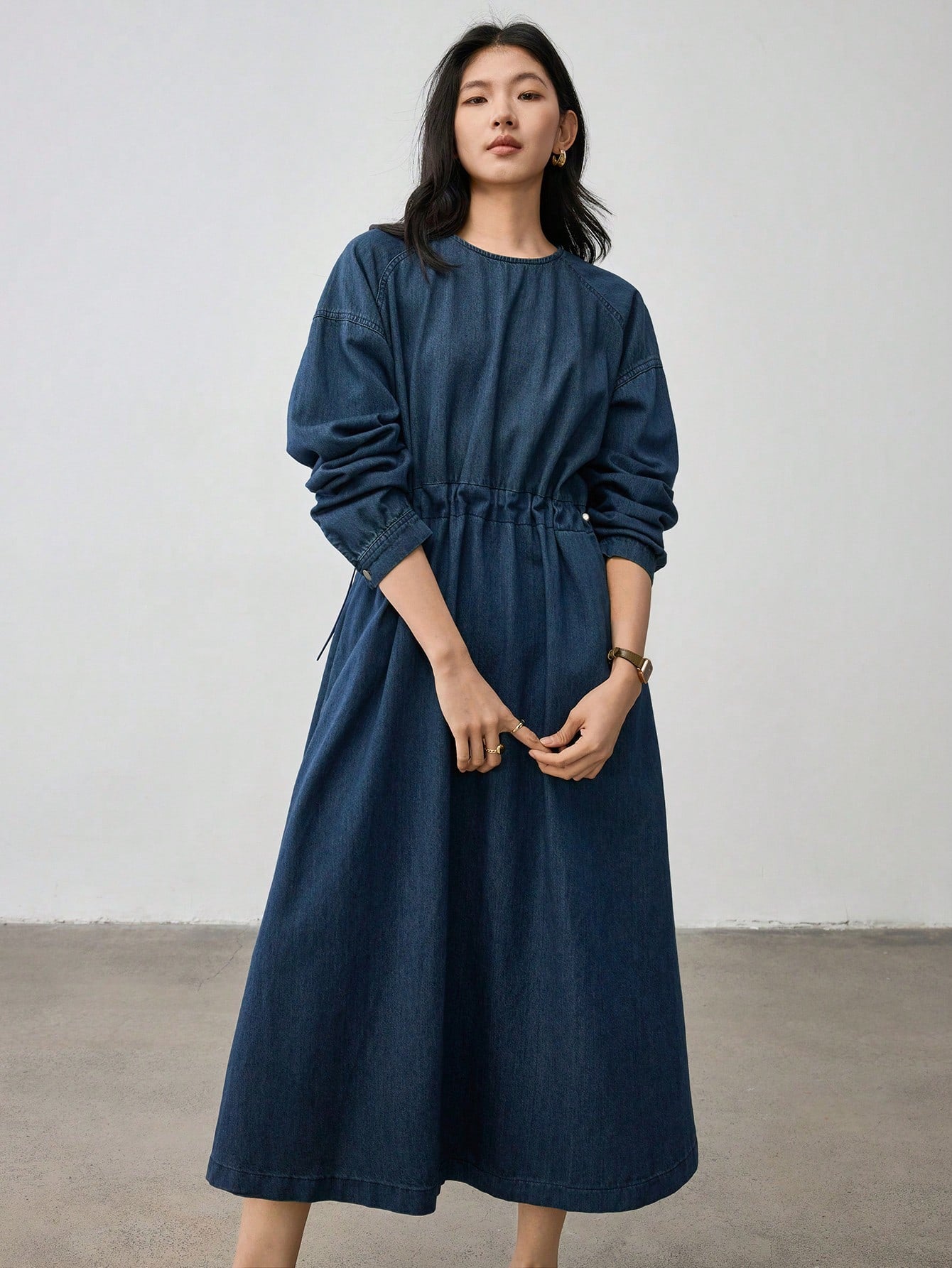CM-DS014515 Women Casual Seoul Style Round Neck Drawstring Washed Long Sleeve Denim Dress - Blue