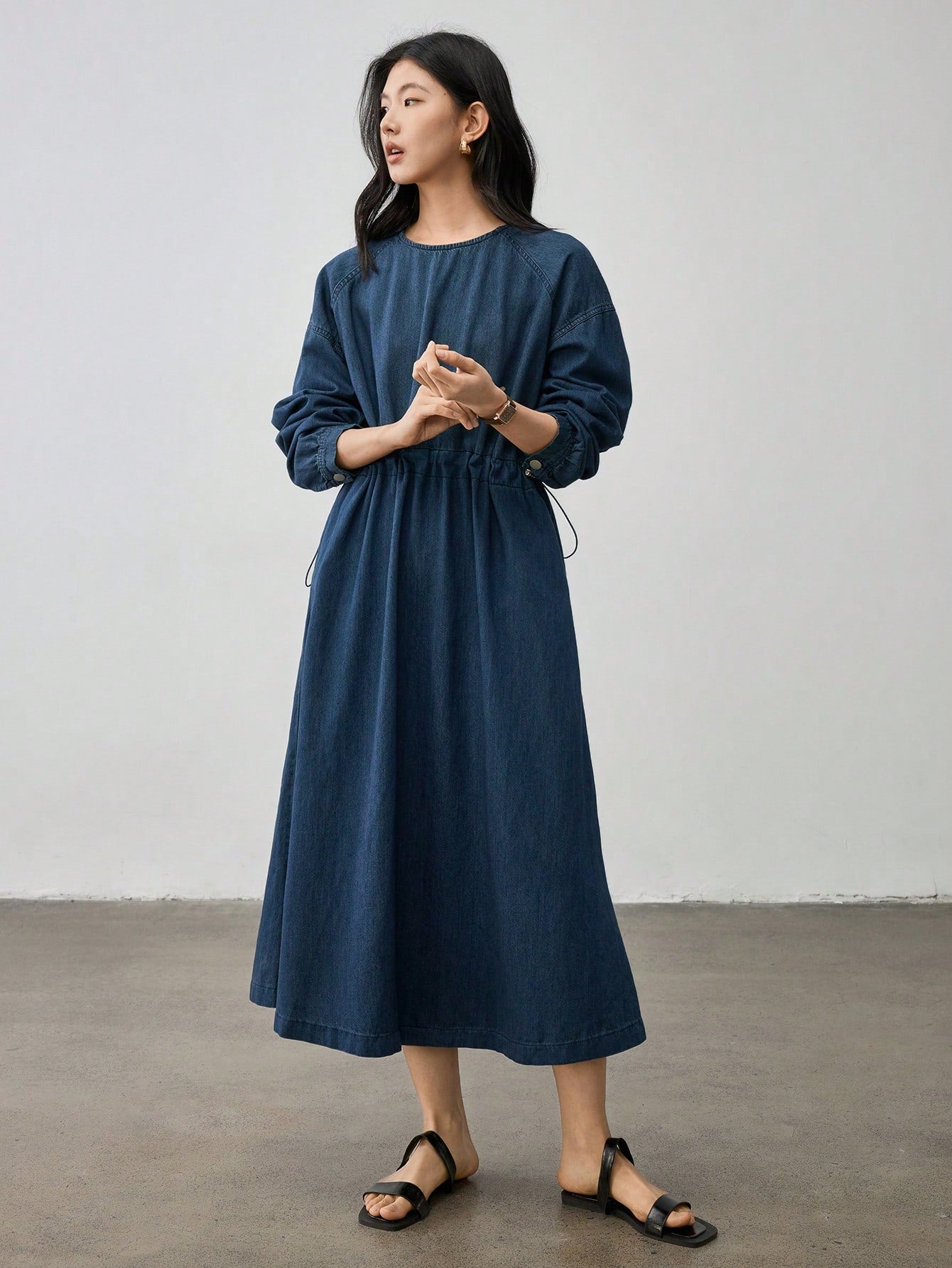 CM-DS014515 Women Casual Seoul Style Round Neck Drawstring Washed Long Sleeve Denim Dress - Blue