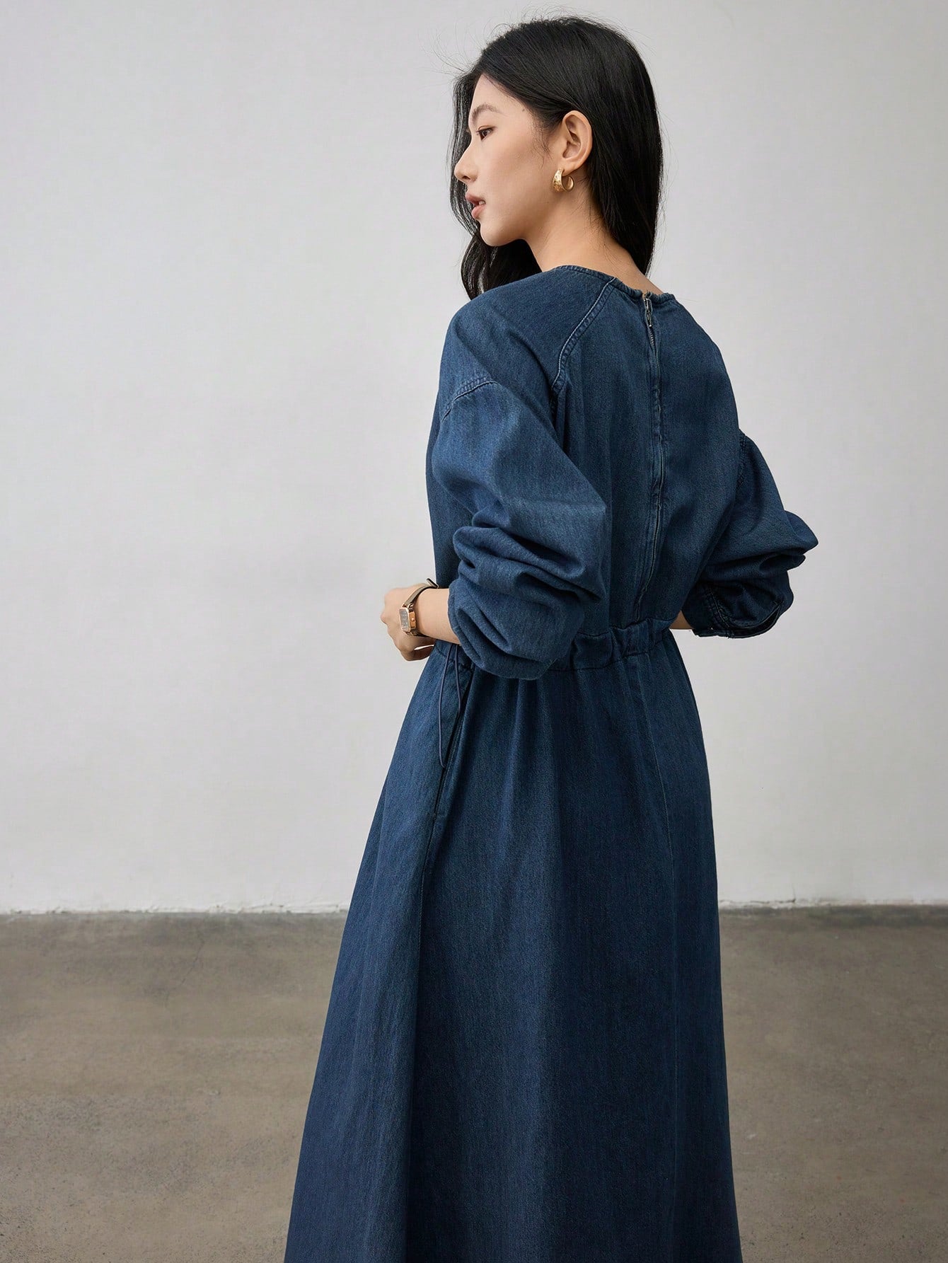 CM-DS014515 Women Casual Seoul Style Round Neck Drawstring Washed Long Sleeve Denim Dress - Blue