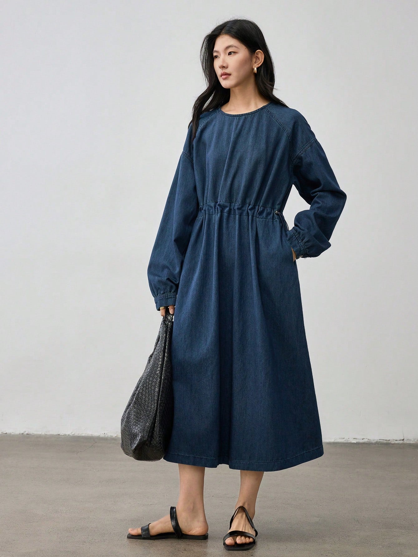 CM-DS014515 Women Casual Seoul Style Round Neck Drawstring Washed Long Sleeve Denim Dress - Blue