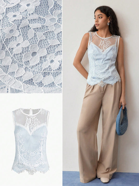 CM-TS111887 Women Elegant Seoul Style Contrast Lace Round Neck Sleeveless Blouse - Blue