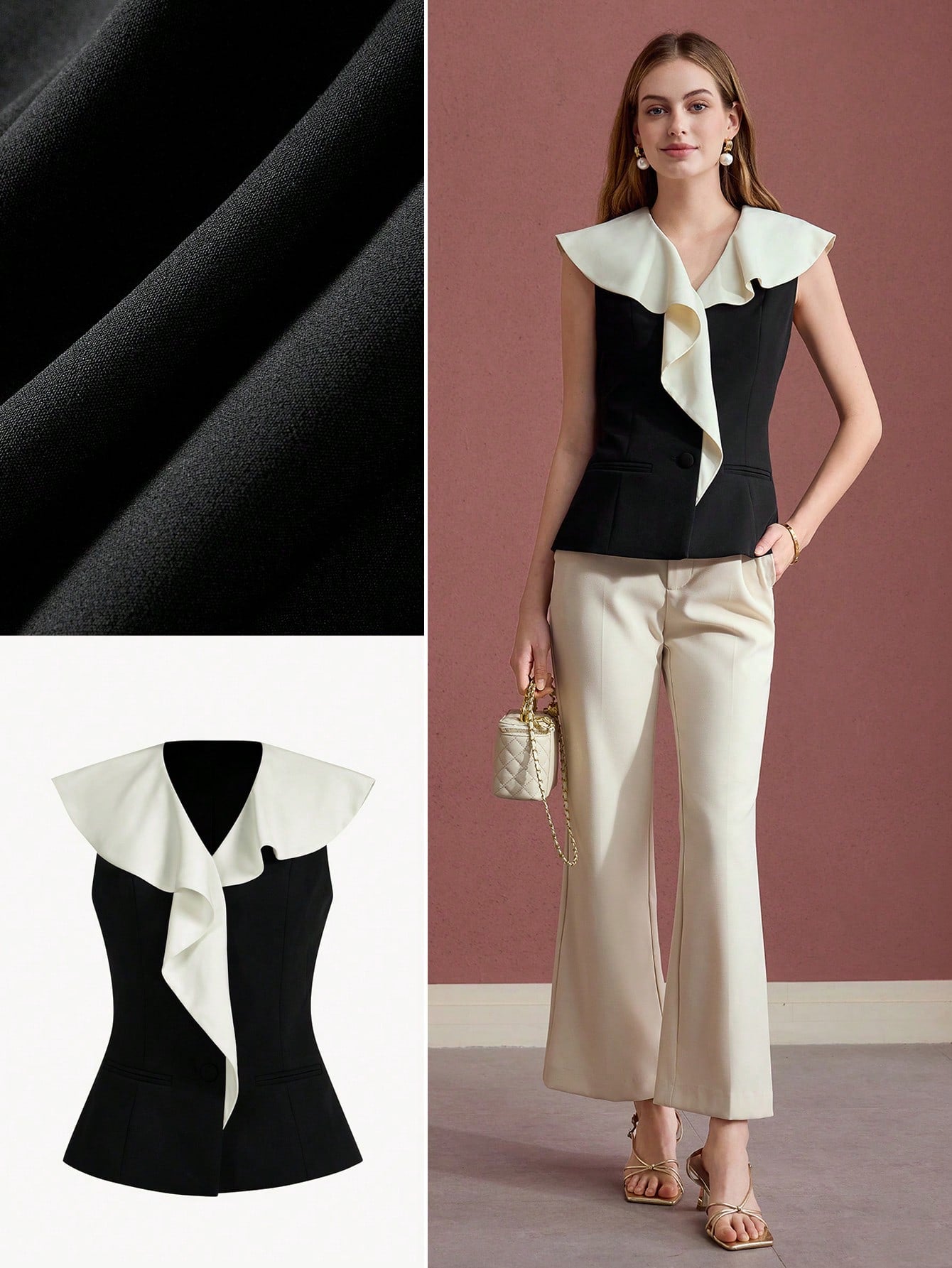 CM-TS256551 Women Elegant Seoul Style Contrast Ruffle Collar Sleeveless Blouse - Black