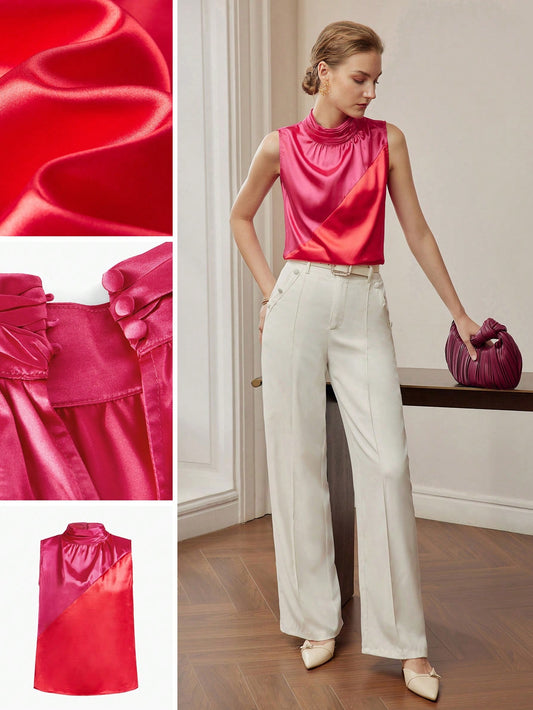 CM-TS297940 Women Elegant Seoul Style Two Tone Ruched Cowl Neckline Sleeveless Blouse - Burgundy