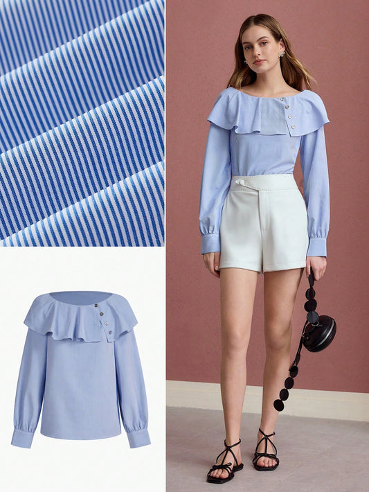 CM-TS321570 Women Elegant Seoul Style Round Neck Long Sleeve Striped Ruffle Trim Blouse - Blue