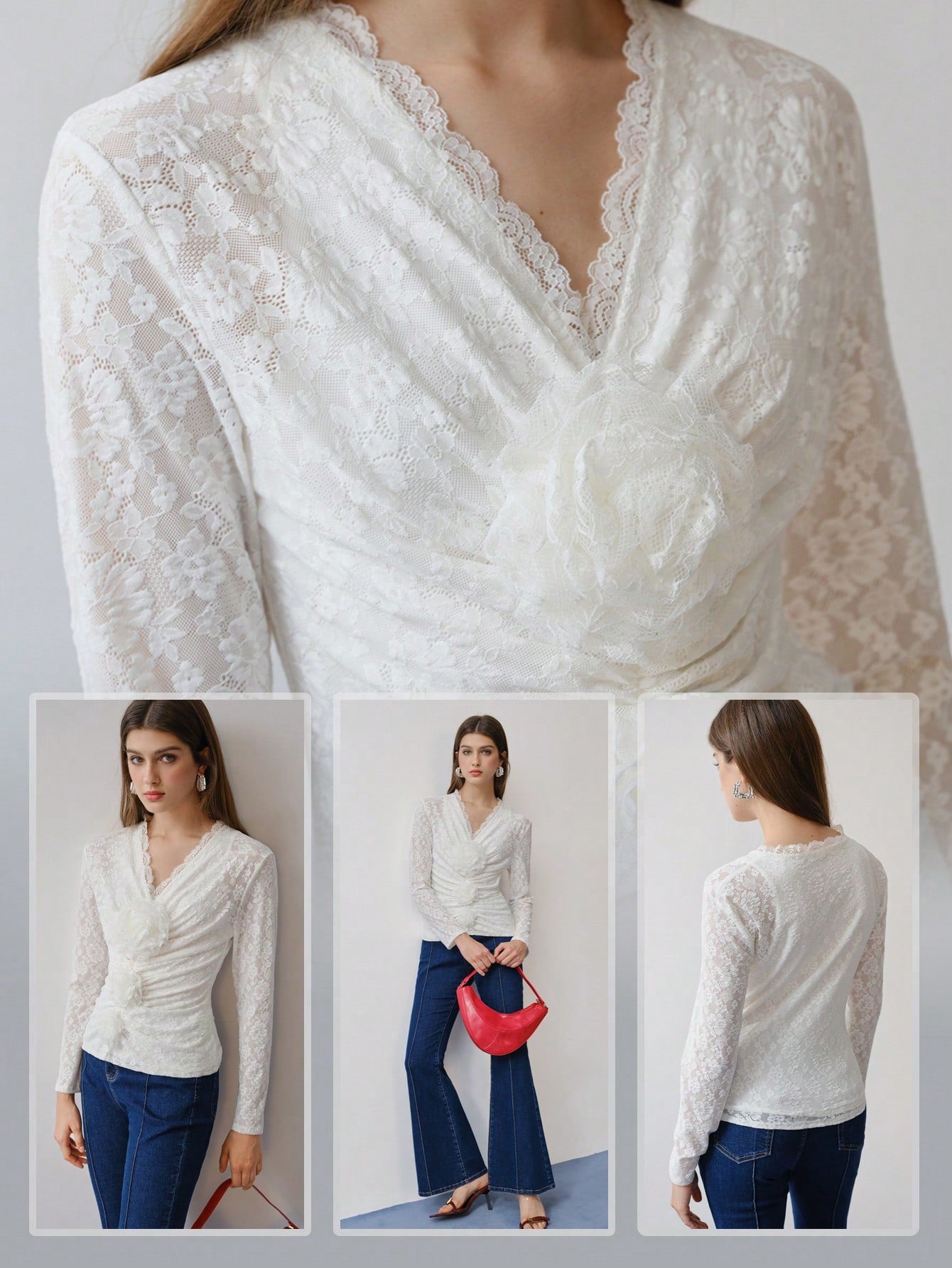 CM-TS426448 Women Elegant Seoul Style V-Neck Long Sleeve Lace Stereo Floral Ruched T-Shirt - White