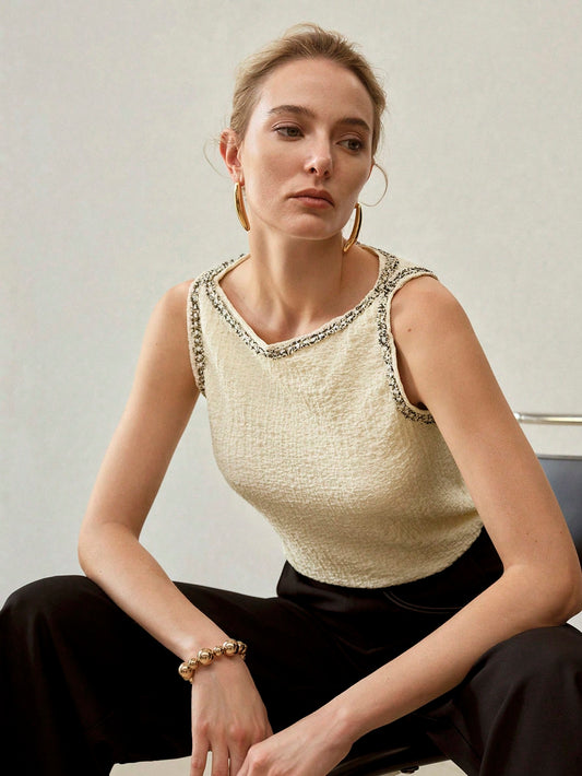CM-TS622679 Women Casual Seoul Style Round Neck Sleeveless Contrast Tape Binding Textured Tank Top - Apricot