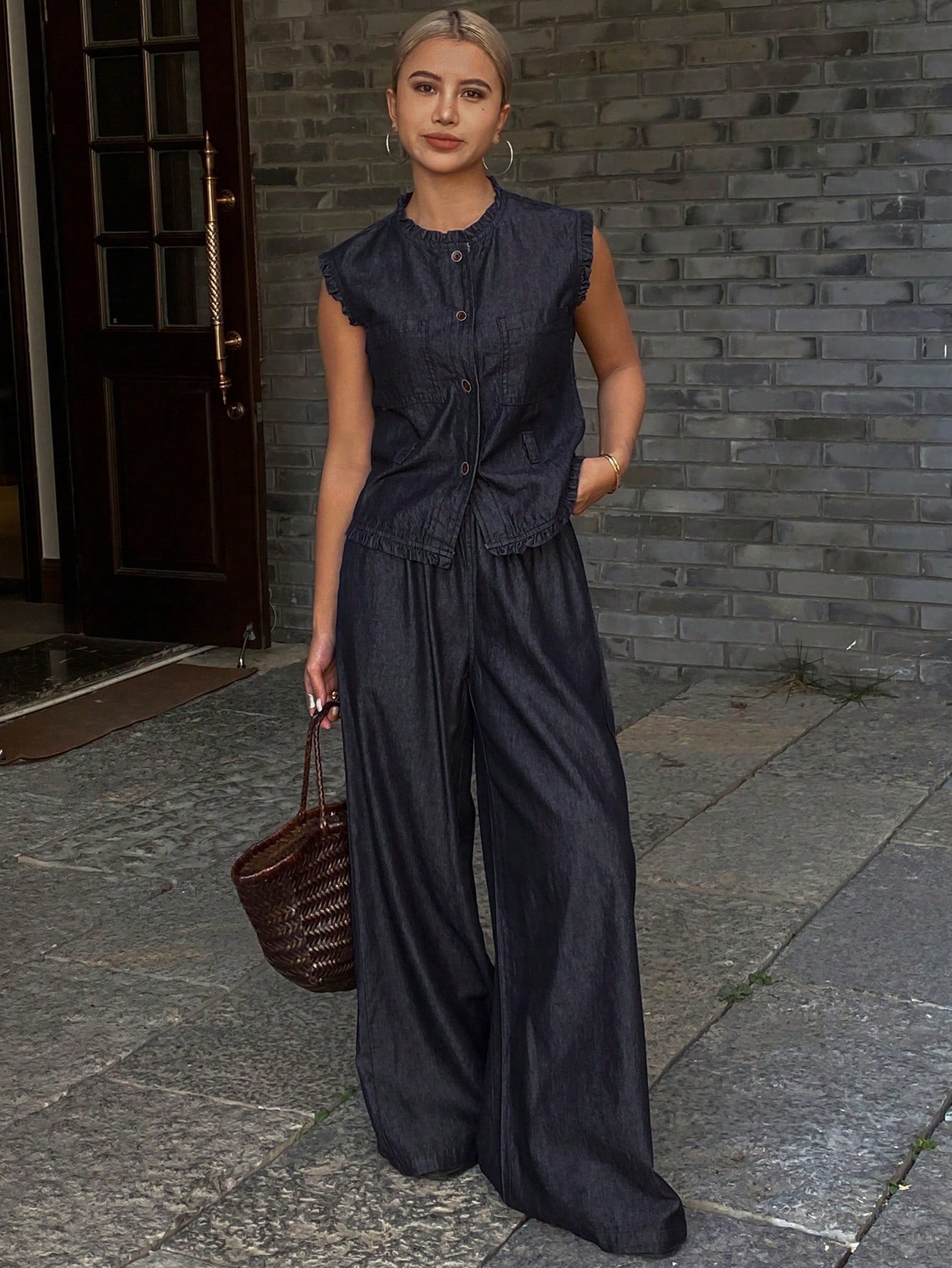 CM-SS535534 Women Casual Seoul Style Dark Wash Ruffle Sleeveless Denim Vest With Jeans - Set