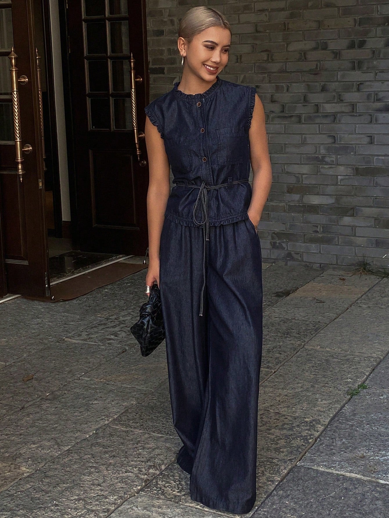 CM-SS535534 Women Casual Seoul Style Dark Wash Ruffle Sleeveless Denim Vest With Jeans - Set