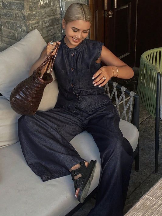 CM-SS535534 Women Casual Seoul Style Dark Wash Ruffle Sleeveless Denim Vest With Jeans - Set
