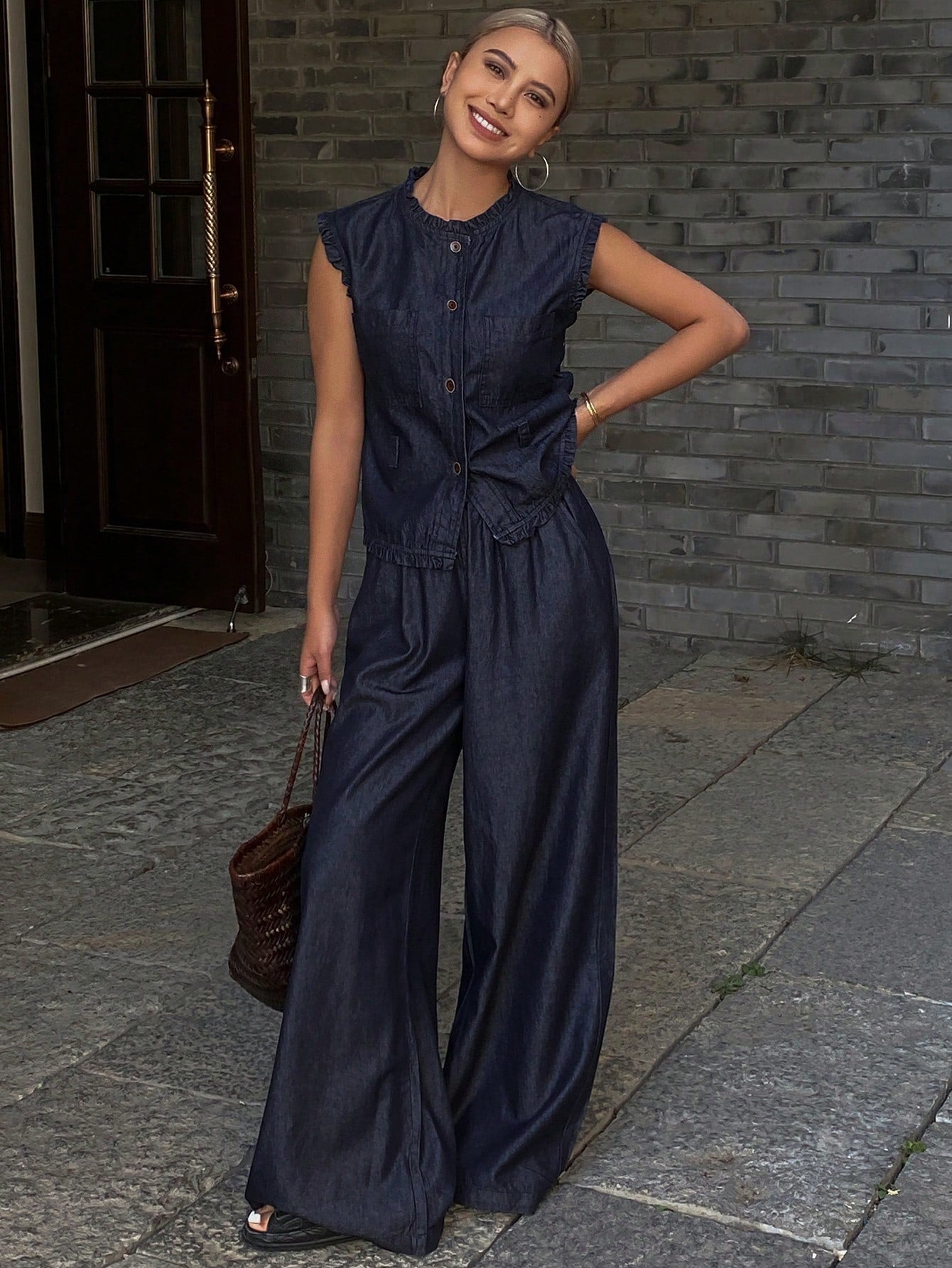 CM-SS535534 Women Casual Seoul Style Dark Wash Ruffle Sleeveless Denim Vest With Jeans - Set