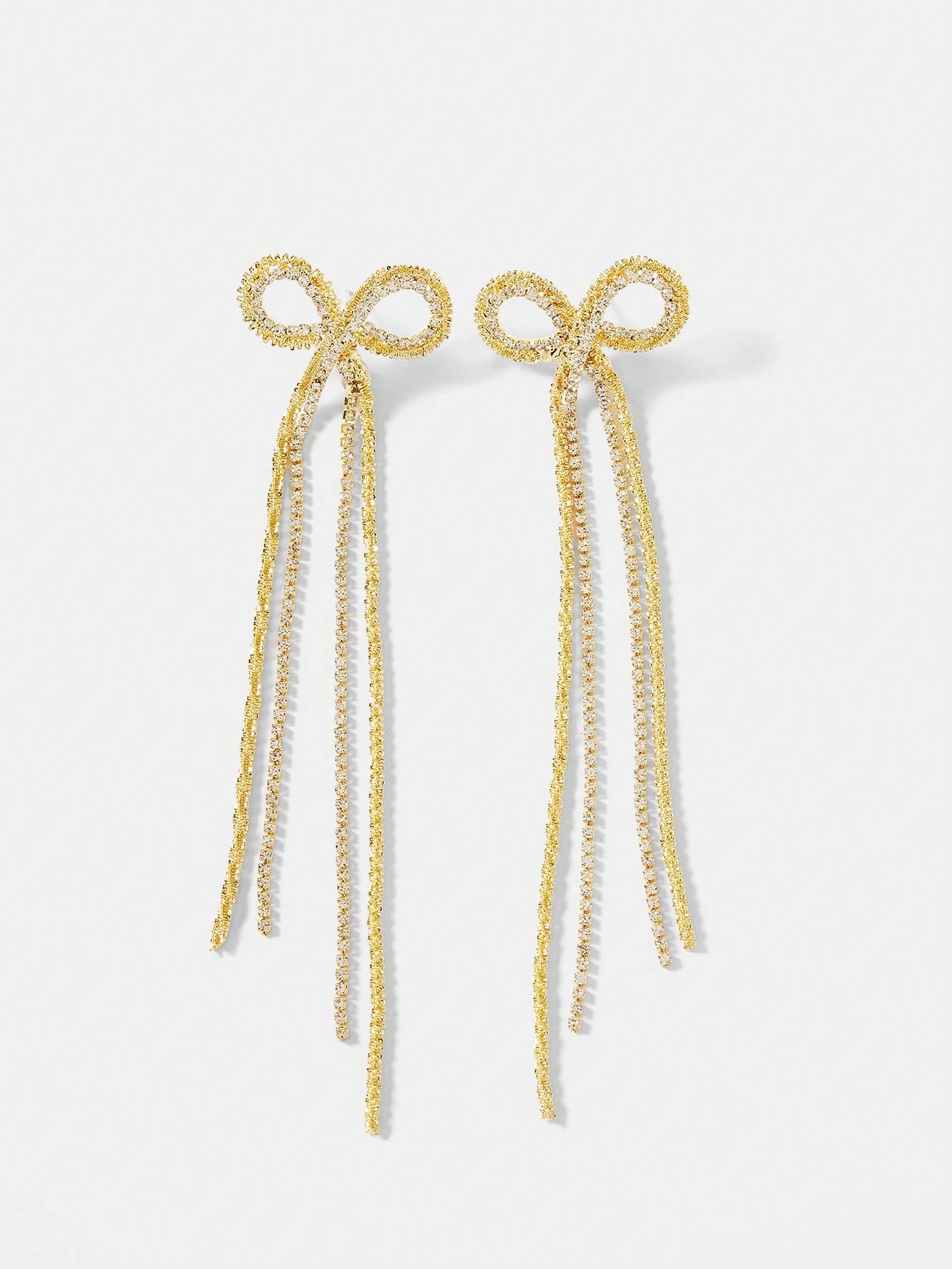 CM-AXS233370 Women Trendy Seoul Style Long Chain Tassel Zirconia Bow Dangle Earrings - Yellow Gold
