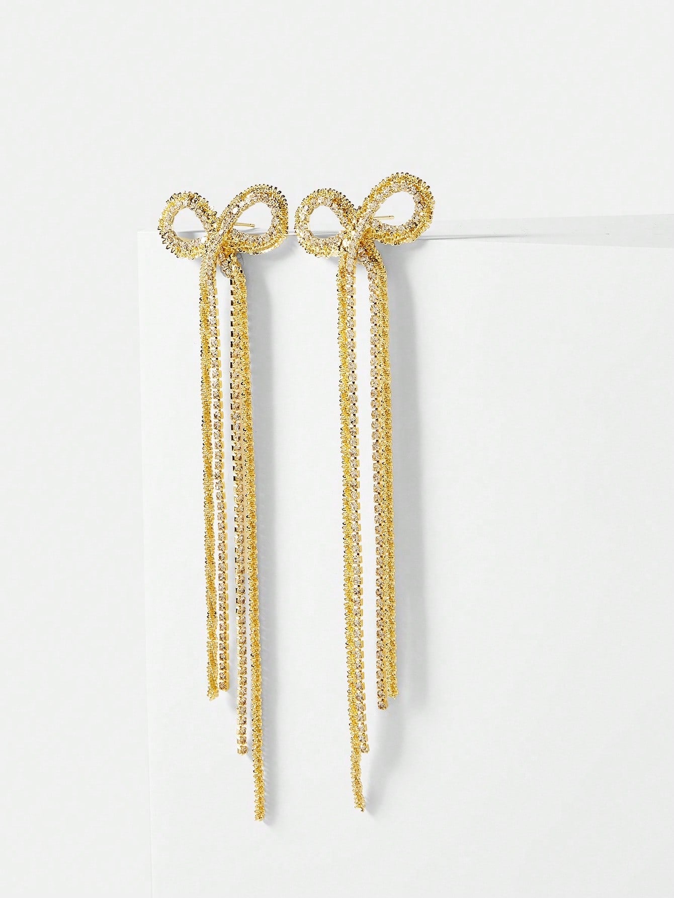 CM-AXS233370 Women Trendy Seoul Style Long Chain Tassel Zirconia Bow Dangle Earrings - Yellow Gold