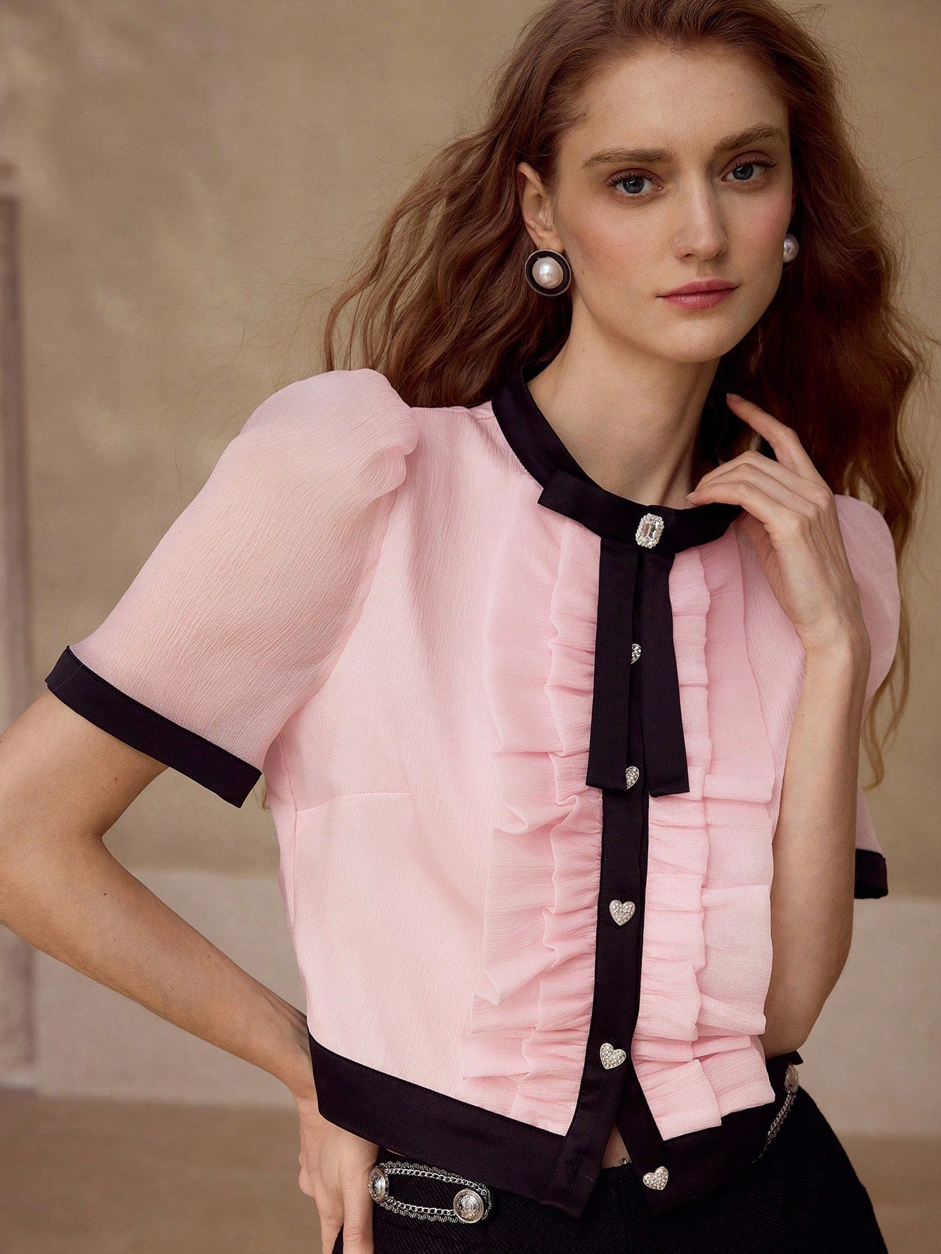 CM-TS269850 Women Elegant Seoul Style Round Neck Puff Sleeve Contrast Binding Ruffle Trim Blouse