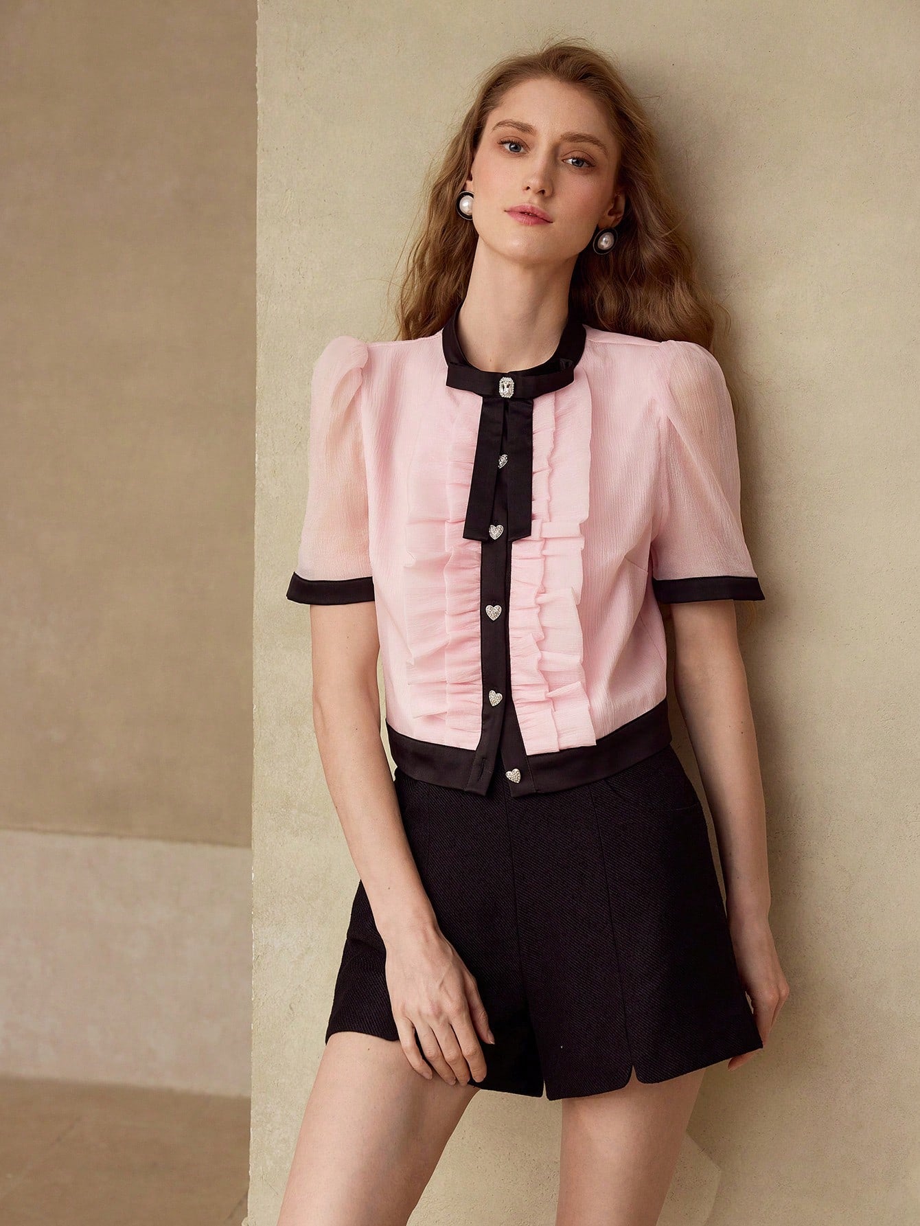CM-TS269850 Women Elegant Seoul Style Round Neck Puff Sleeve Contrast Binding Ruffle Trim Blouse