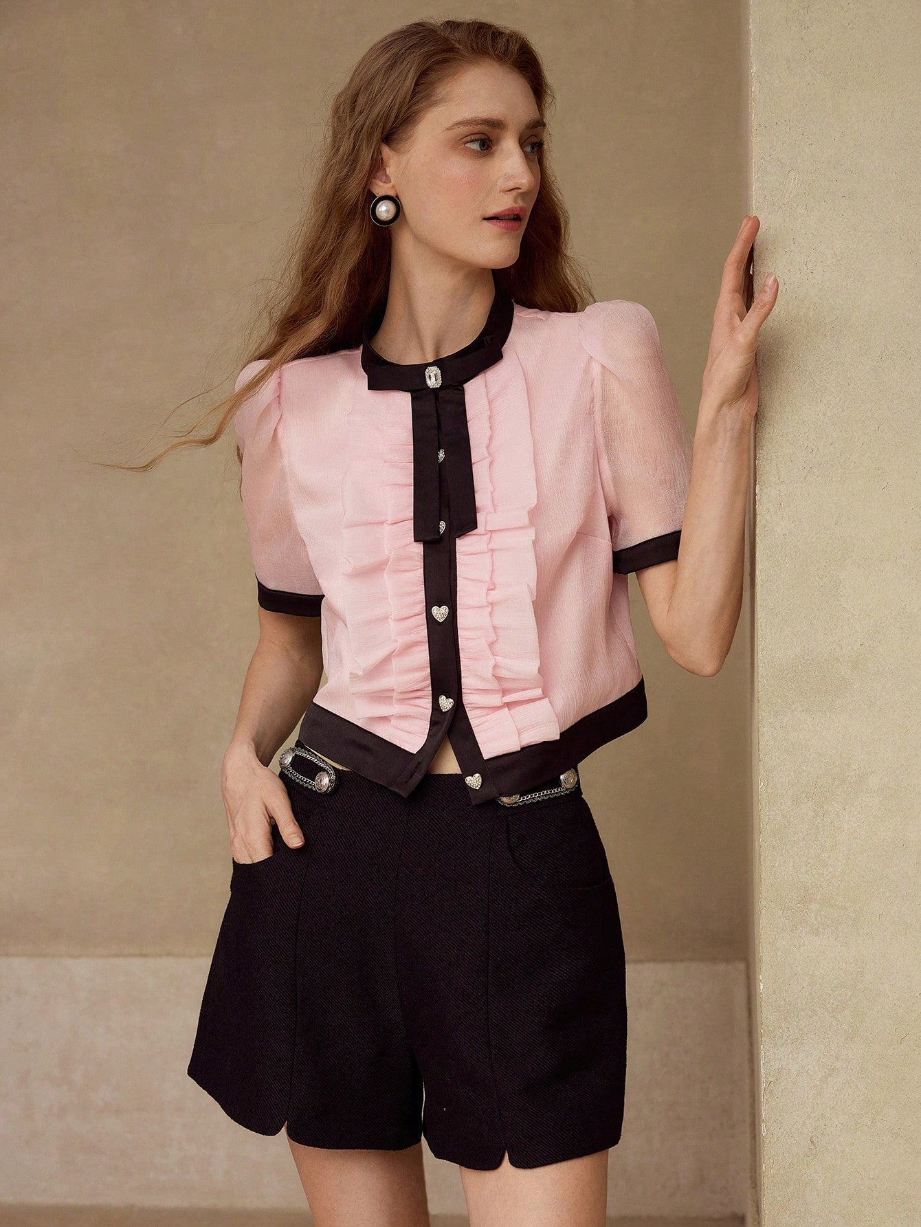 CM-TS269850 Women Elegant Seoul Style Round Neck Puff Sleeve Contrast Binding Ruffle Trim Blouse