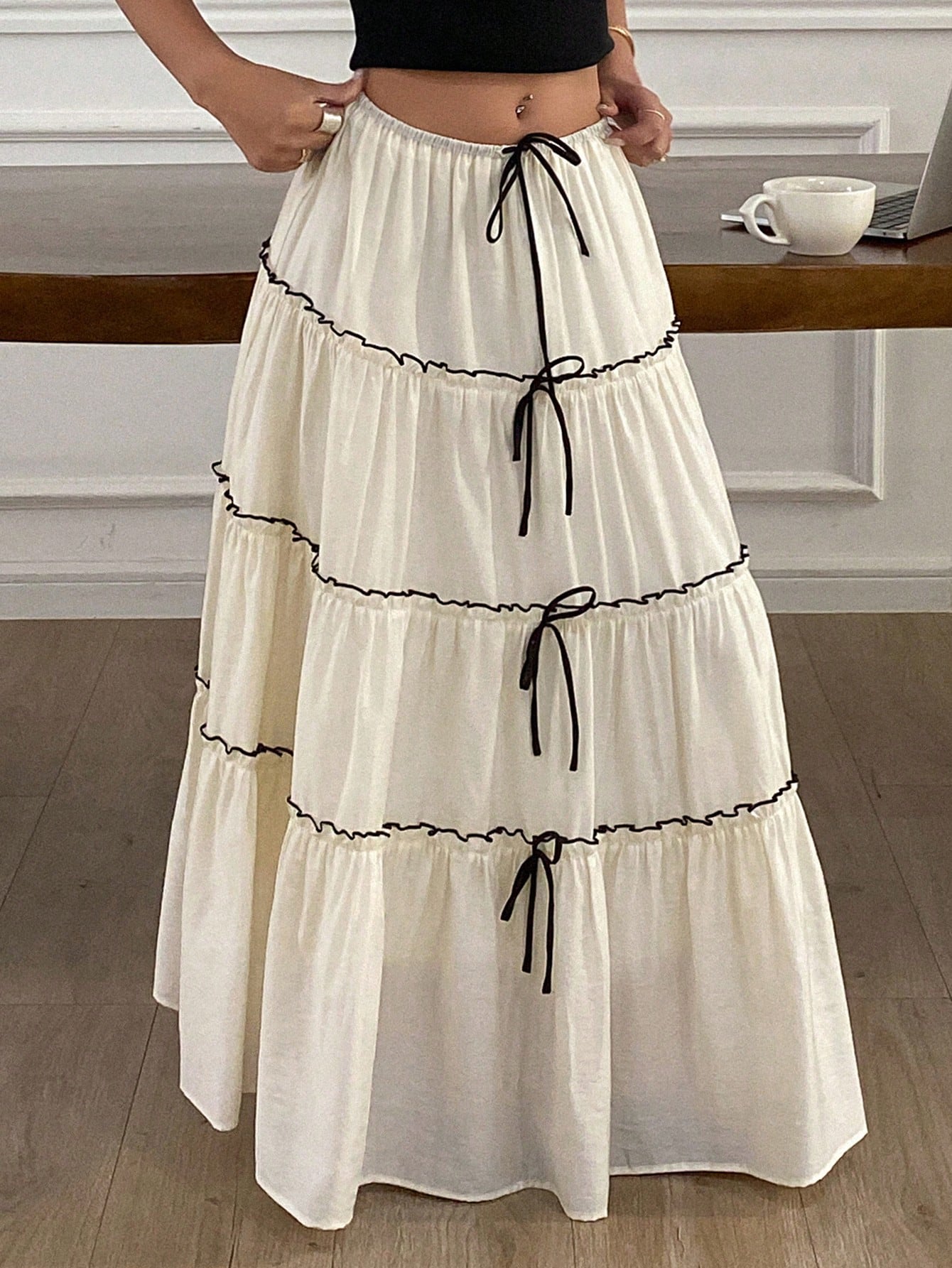 CM-BS266713 Women Trendy Bohemian Style Color Block Splicing Topstitch Bowknot Drawstring Ruffle Trim Skirt