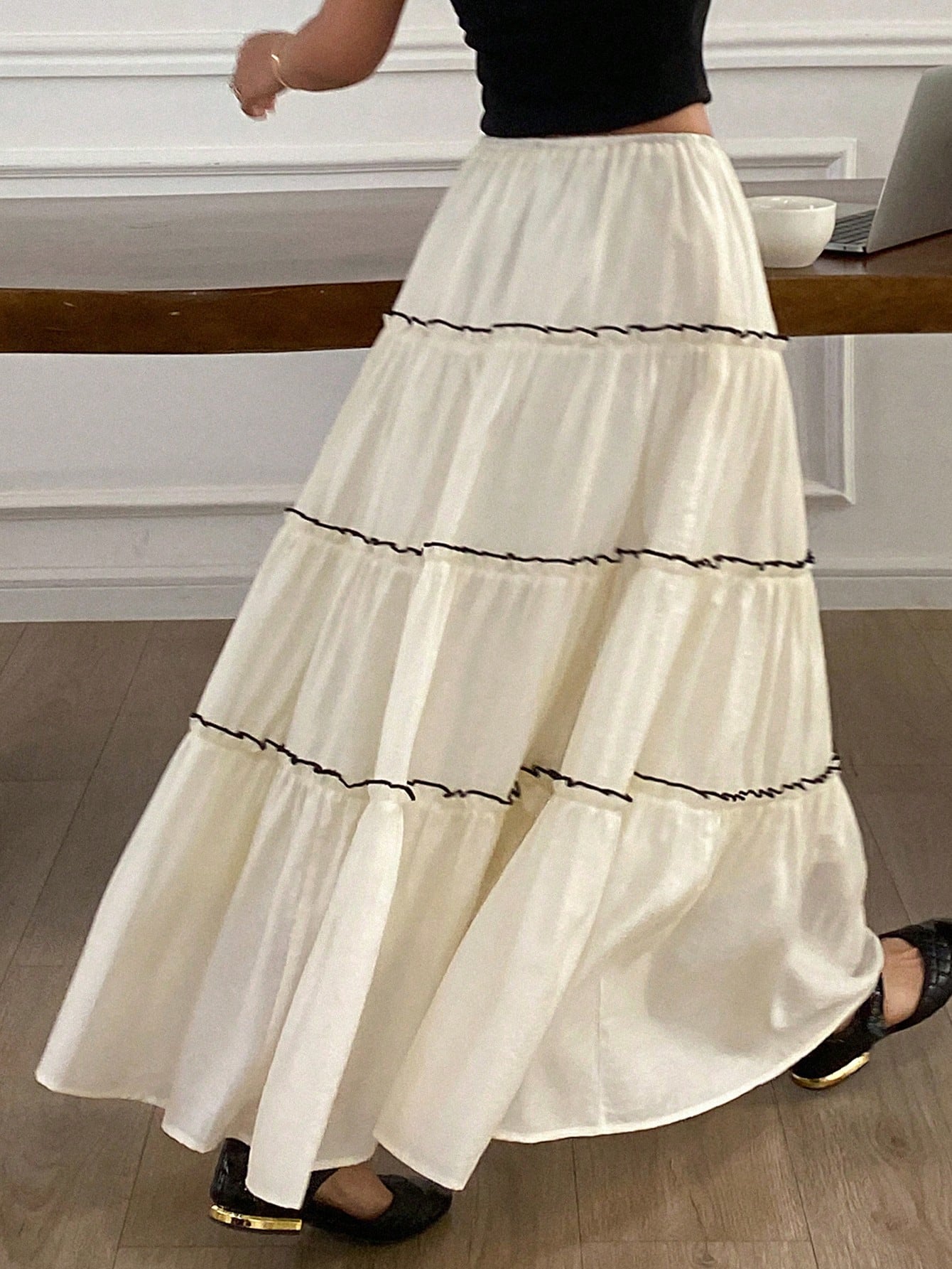 CM-BS266713 Women Trendy Bohemian Style Color Block Splicing Topstitch Bowknot Drawstring Ruffle Trim Skirt