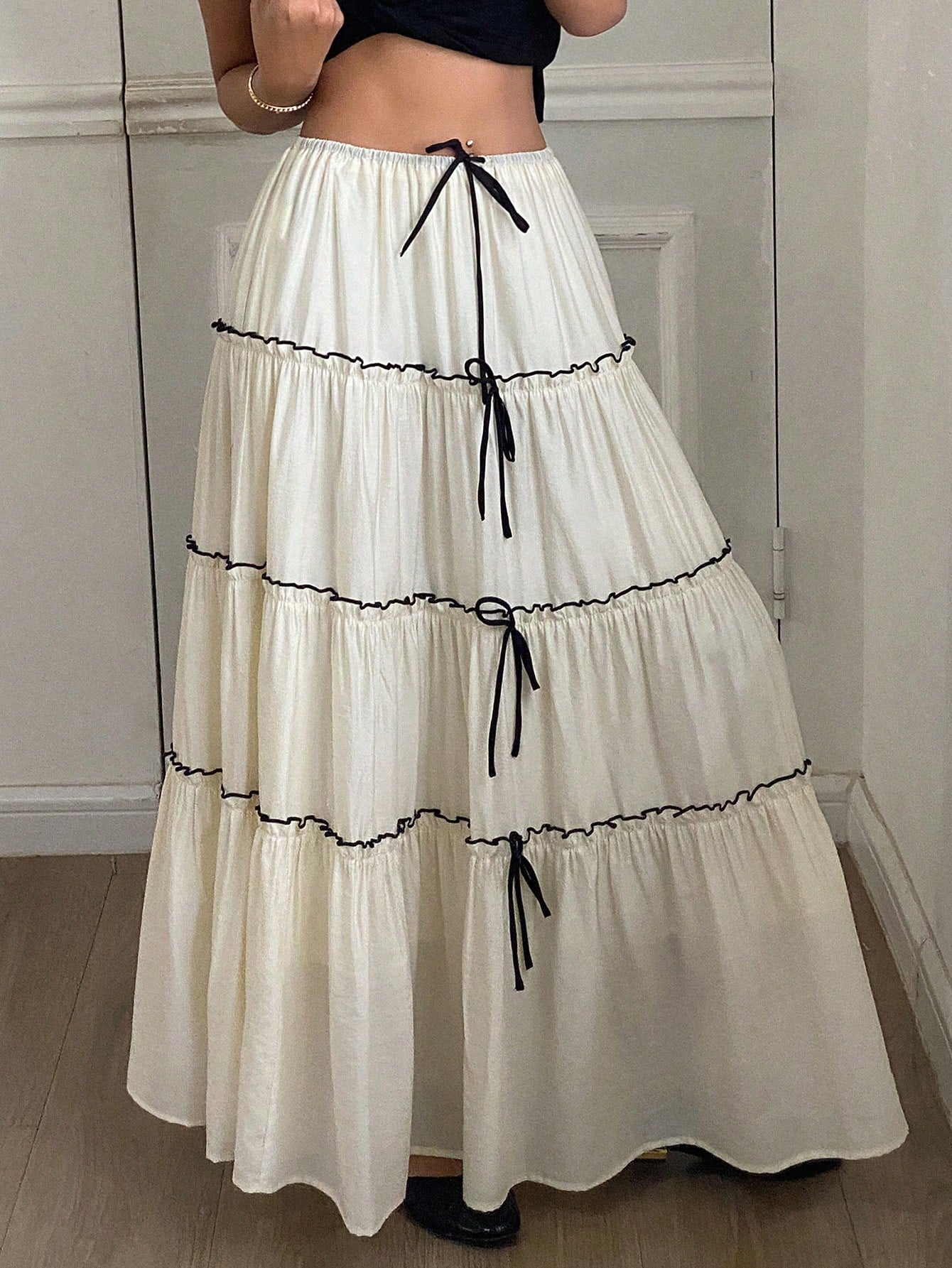 CM-BS266713 Women Trendy Bohemian Style Color Block Splicing Topstitch Bowknot Drawstring Ruffle Trim Skirt