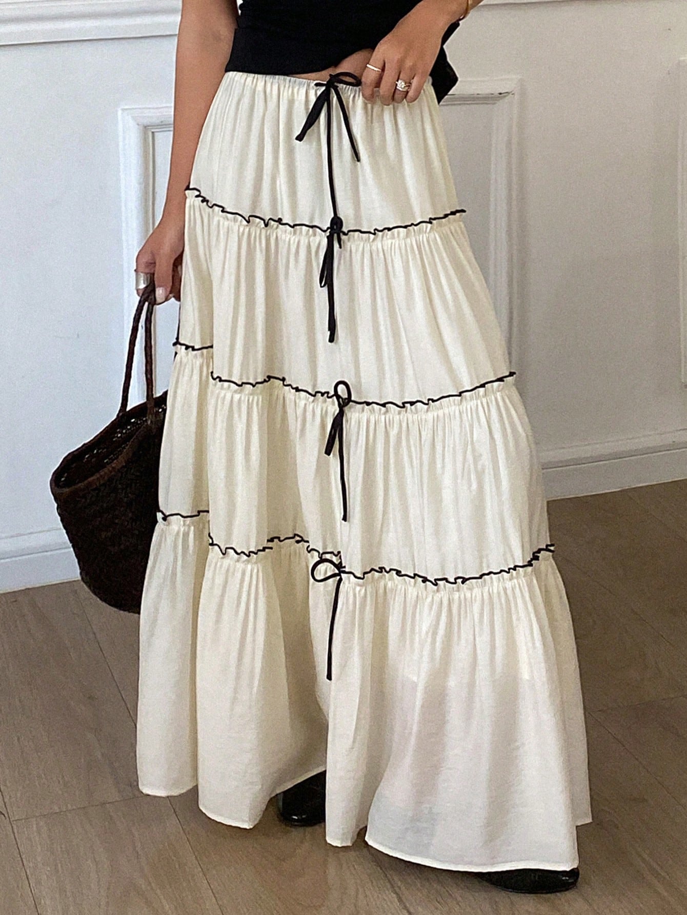 CM-BS266713 Women Trendy Bohemian Style Color Block Splicing Topstitch Bowknot Drawstring Ruffle Trim Skirt