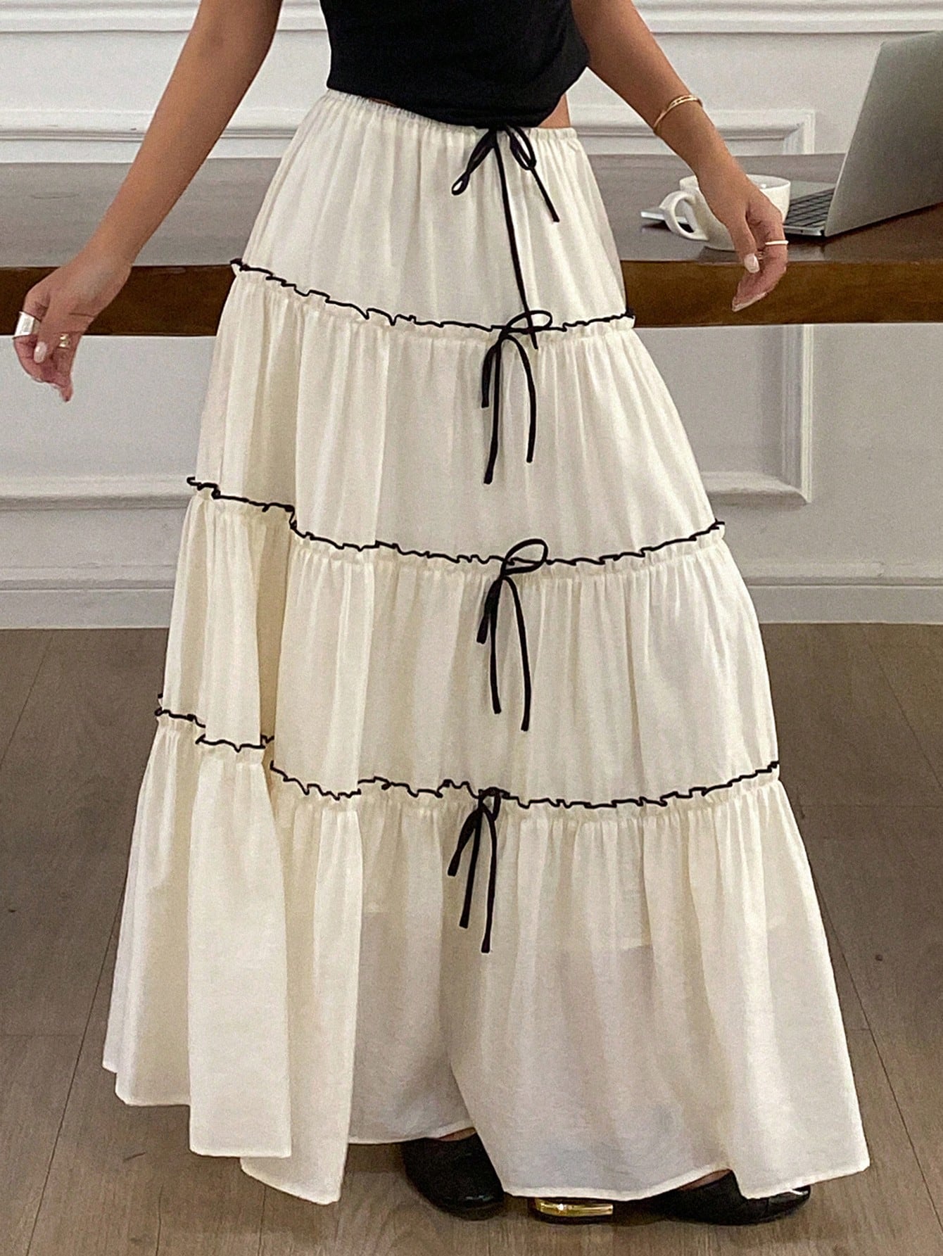 CM-BS266713 Women Trendy Bohemian Style Color Block Splicing Topstitch Bowknot Drawstring Ruffle Trim Skirt