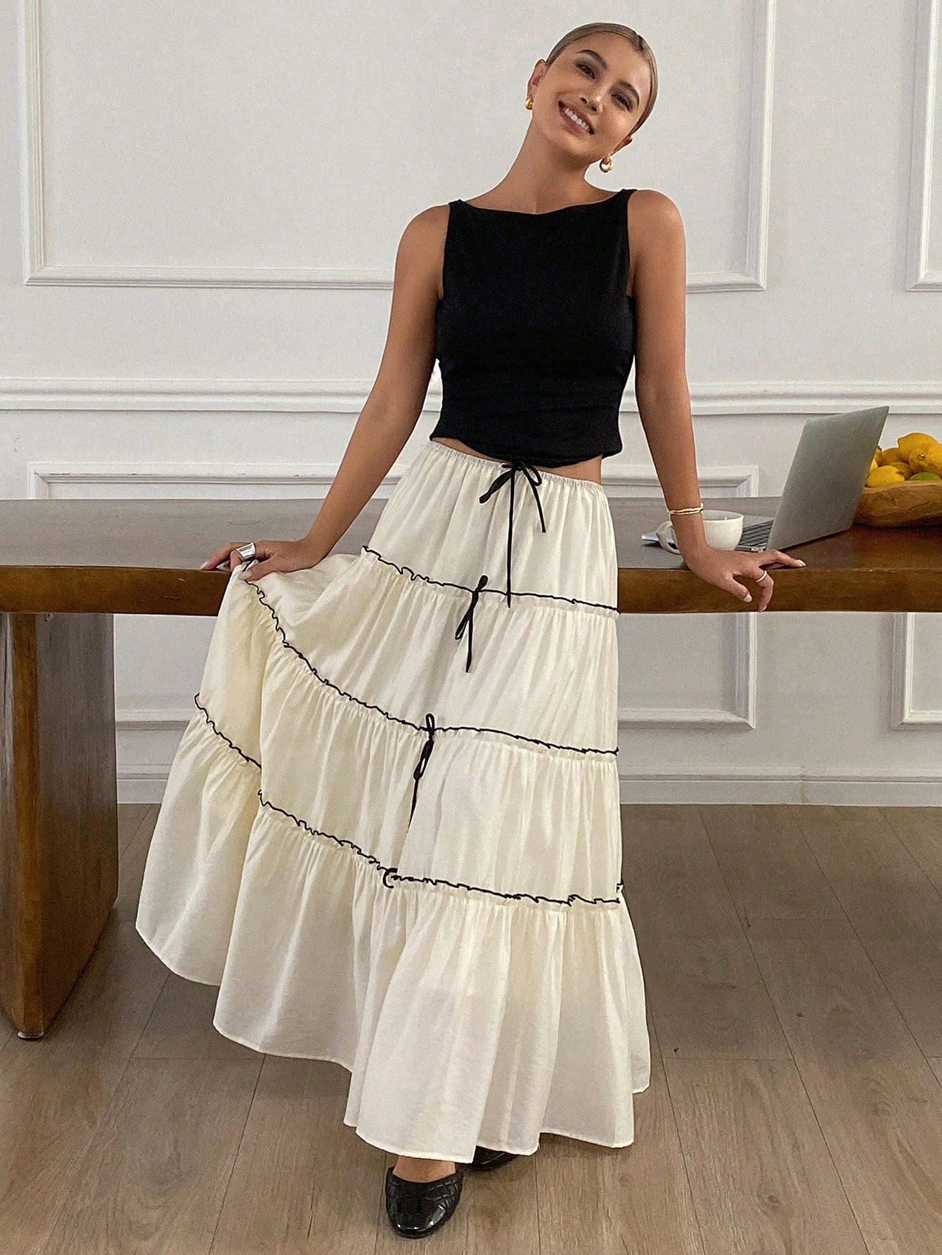 CM-BS266713 Women Trendy Bohemian Style Color Block Splicing Topstitch Bowknot Drawstring Ruffle Trim Skirt