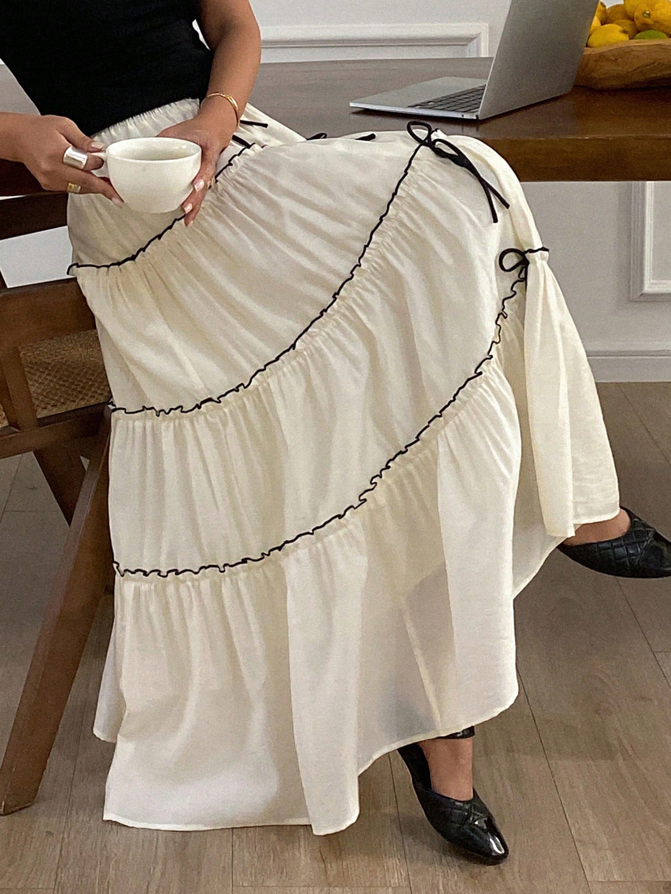 CM-BS266713 Women Trendy Bohemian Style Color Block Splicing Topstitch Bowknot Drawstring Ruffle Trim Skirt