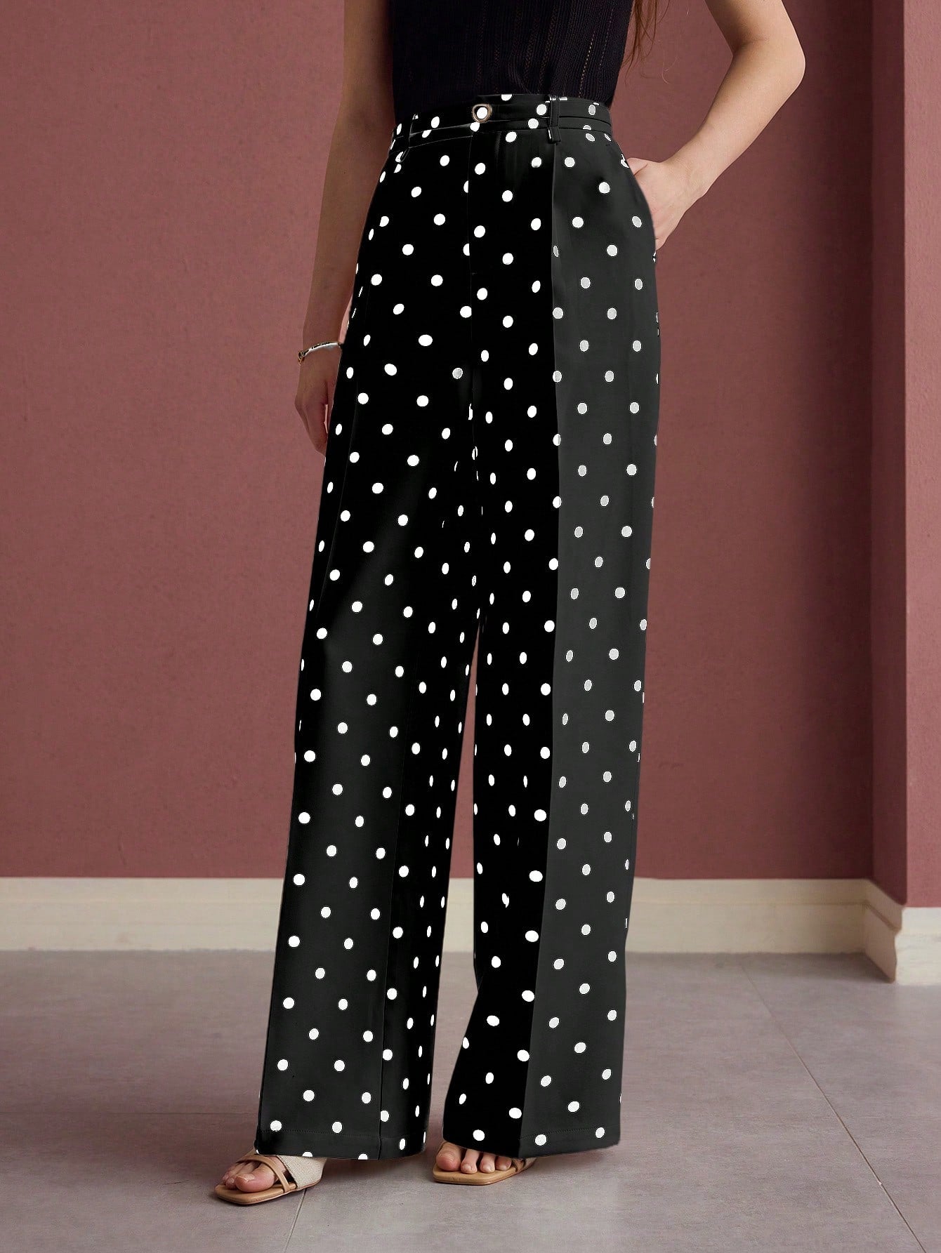 CM-BS543672 Women Elegant Seoul Style Polka Dot Press Crease Wide Leg Pants - Black