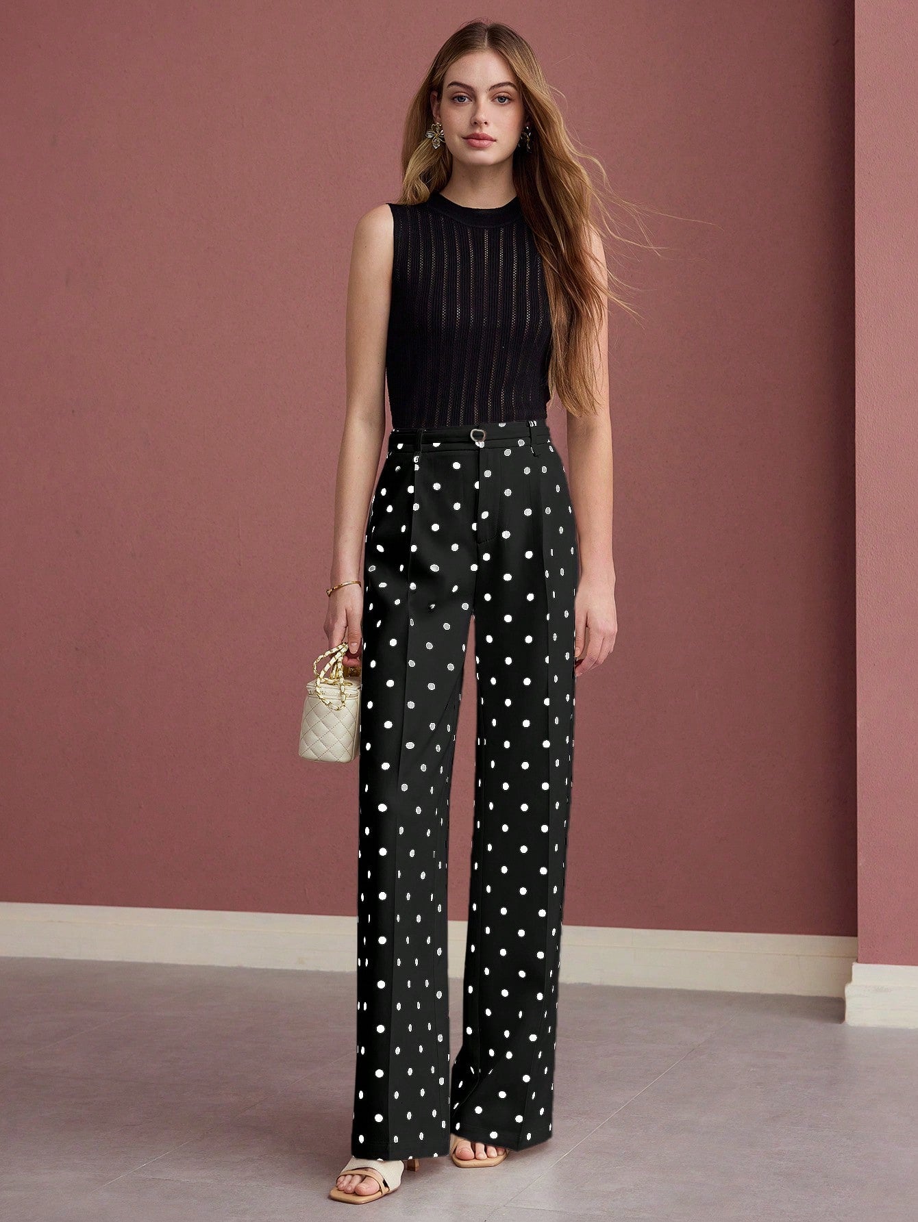 CM-BS543672 Women Elegant Seoul Style Polka Dot Press Crease Wide Leg Pants - Black